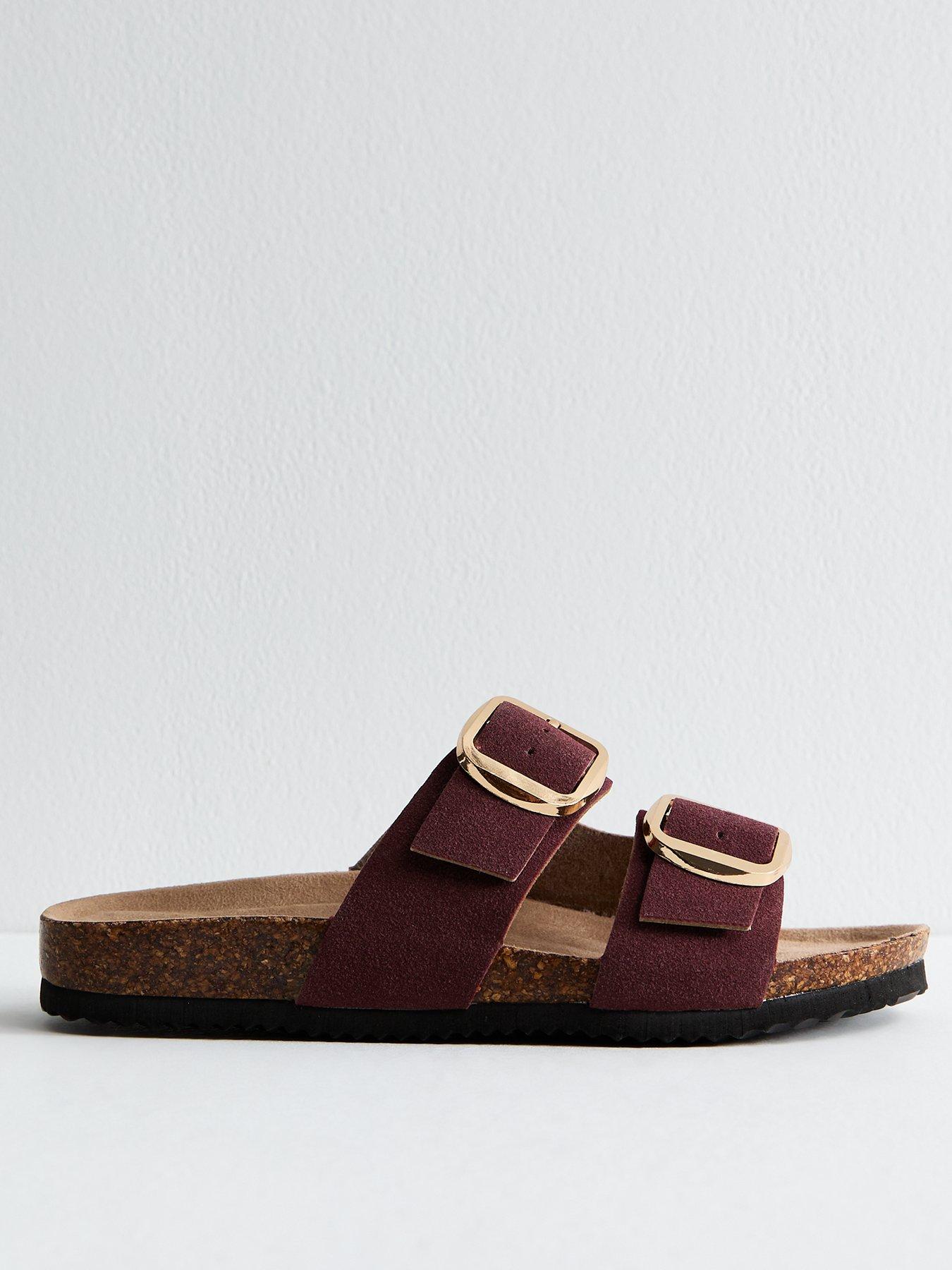 front image of new-look-burgundy-faux-suede-buckled-strap-sandals-red