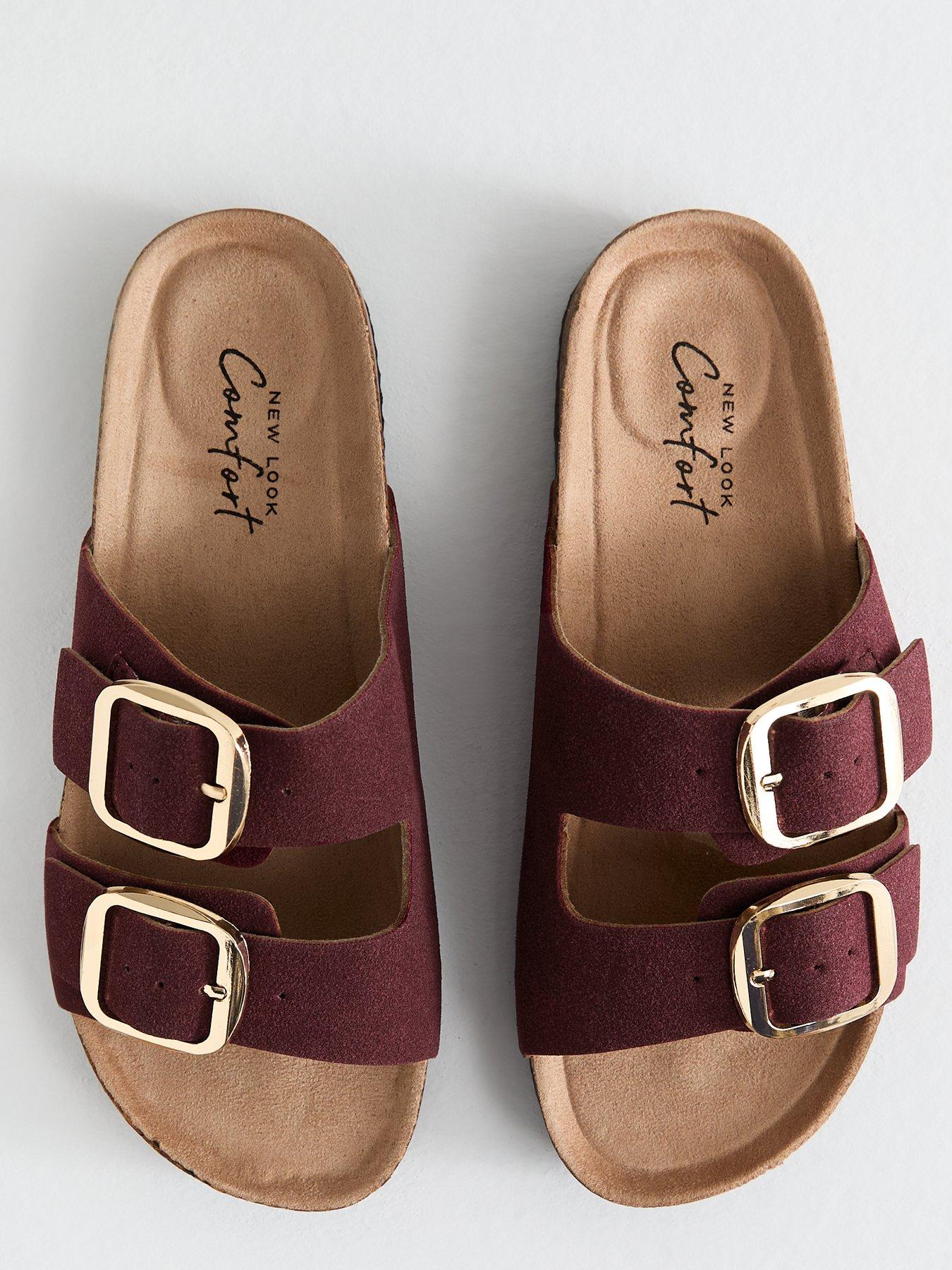  image of new-look-burgundy-faux-suede-buckled-strap-sandals-red