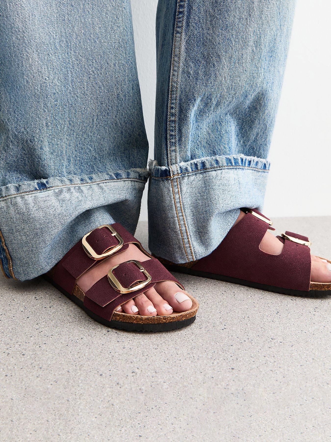  image of new-look-burgundy-faux-suede-buckled-strap-sandals-red