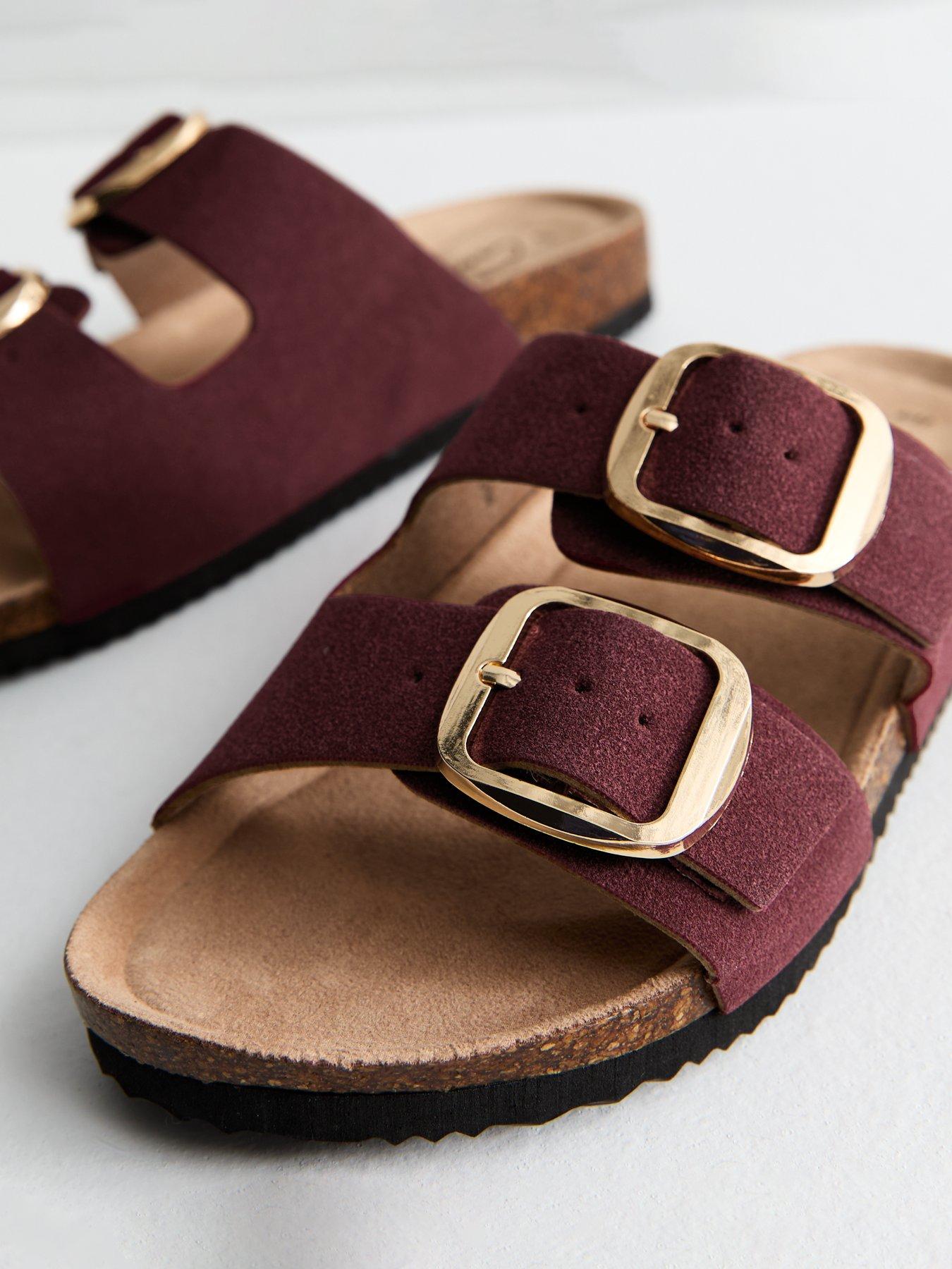  image of new-look-burgundy-faux-suede-buckled-strap-sandals-red