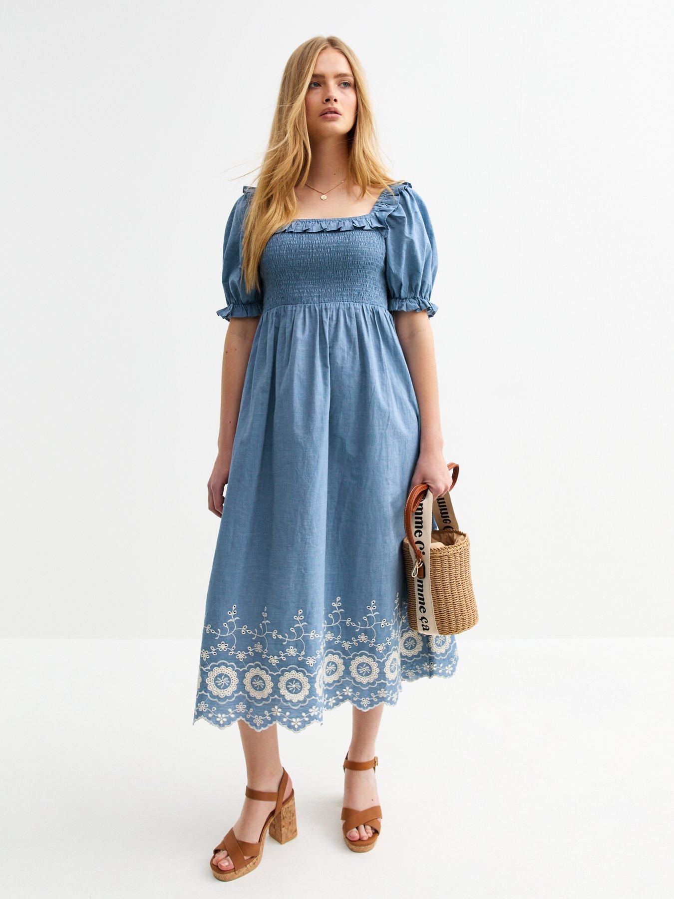 undefined Floral Embroidered Frilly Trim Midi Dress - Blue