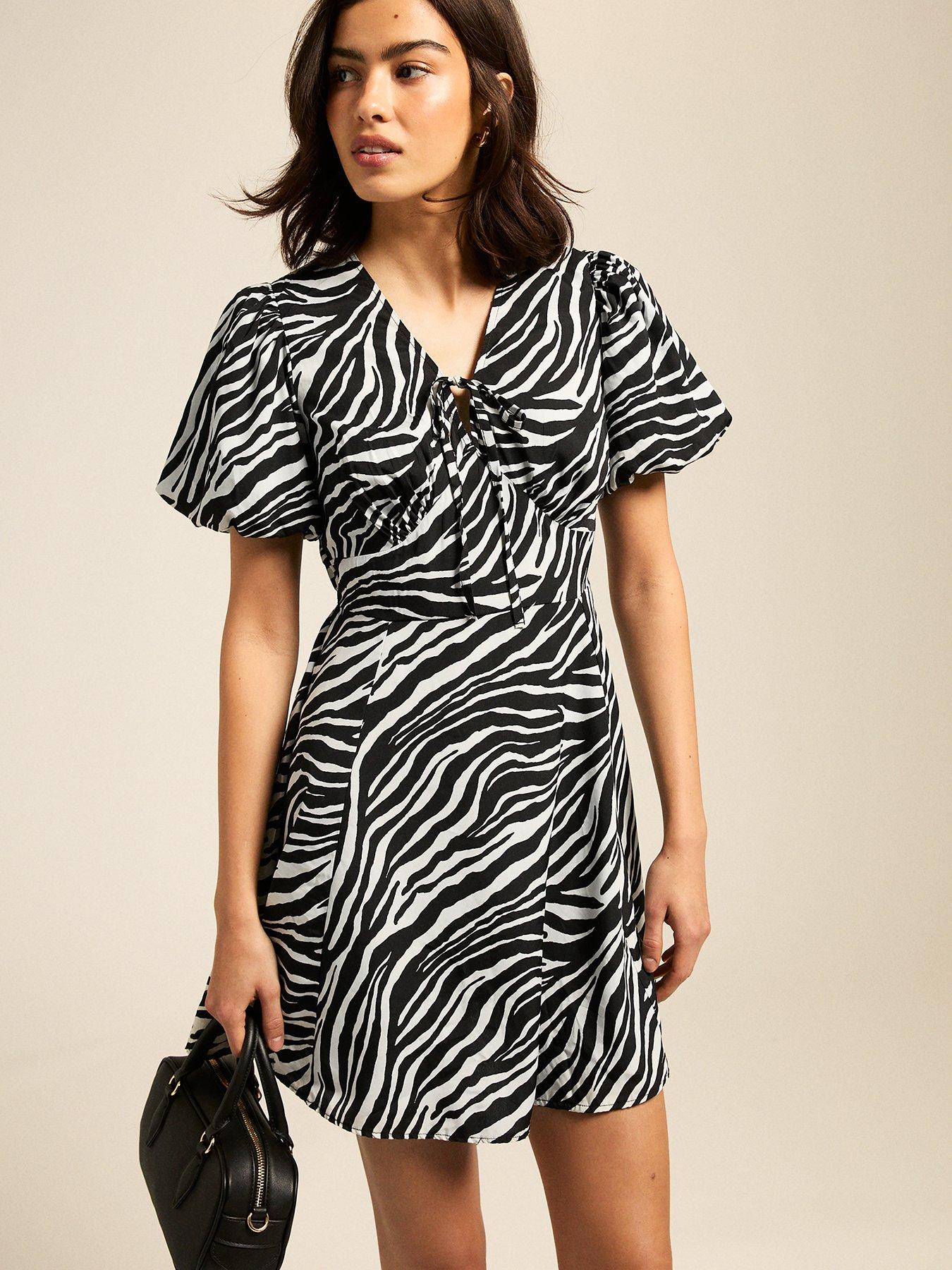 undefined Zebra Print Tie Neck Mini Dress - Black