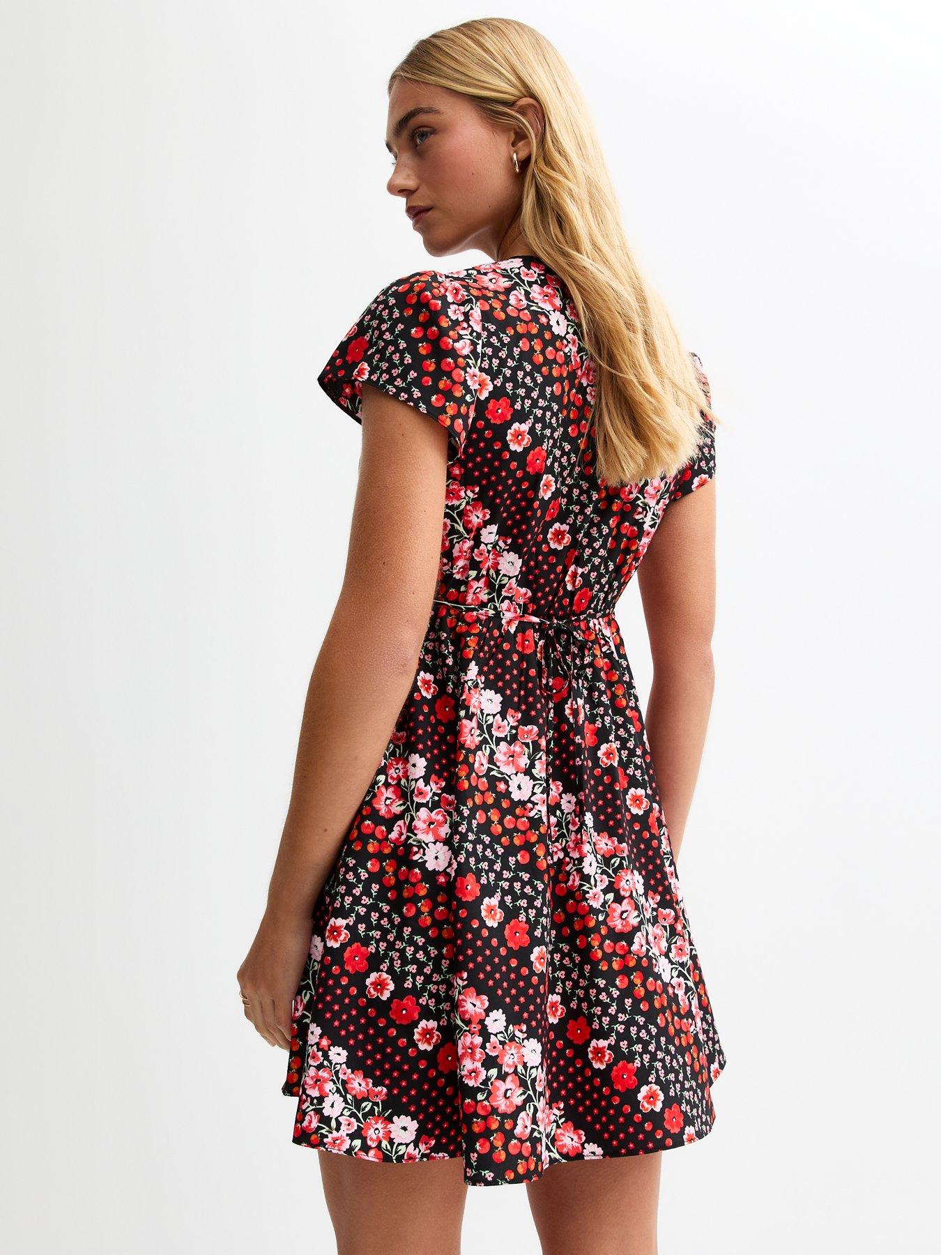  image of new-look-black-floral-and-tomato-print-crepe-mini-dress
