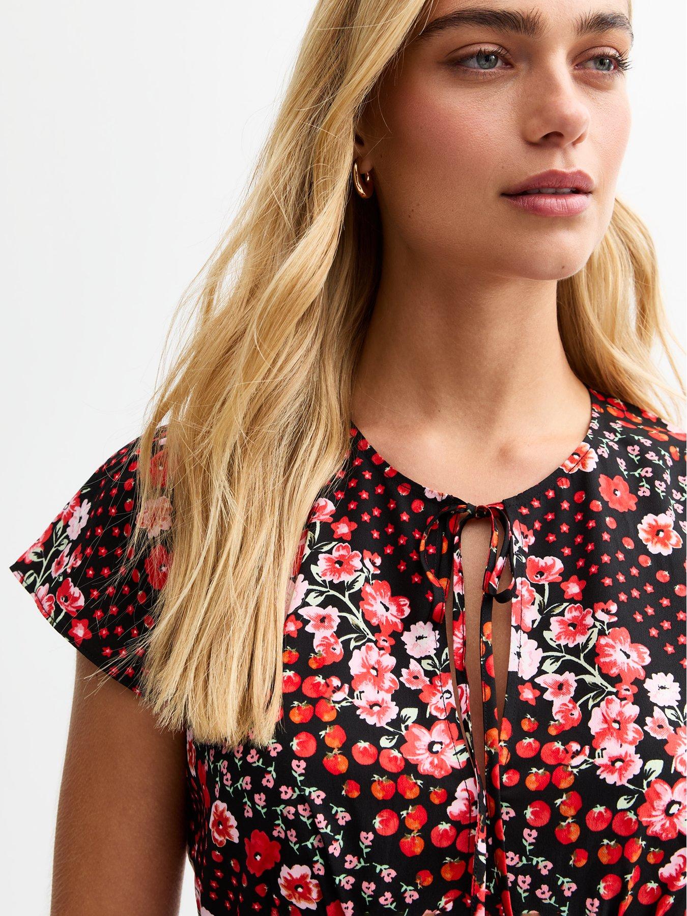  image of new-look-black-floral-and-tomato-print-crepe-mini-dress