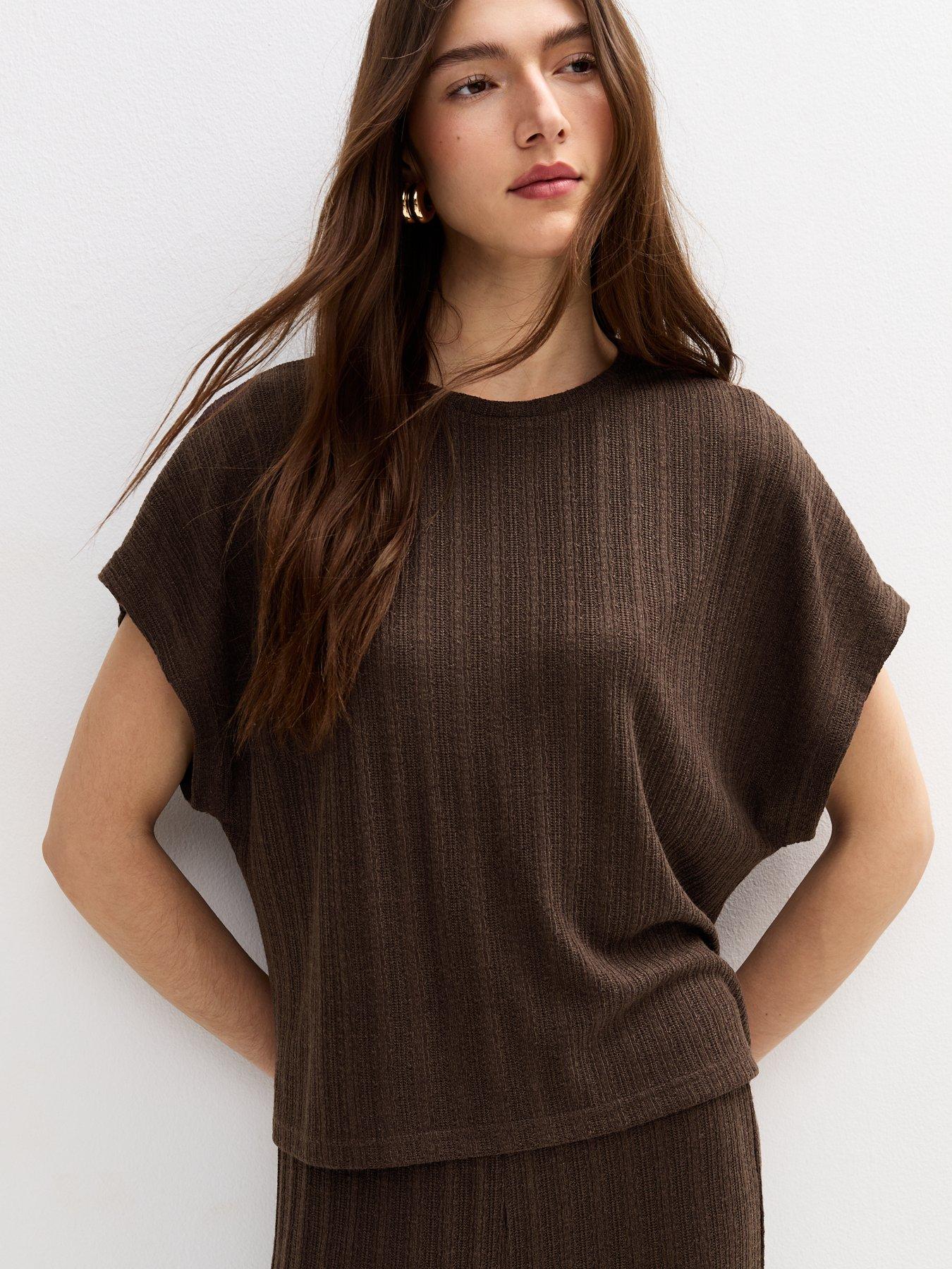 undefined Dark Brown Textured Pointelle Relaxed T-shirt