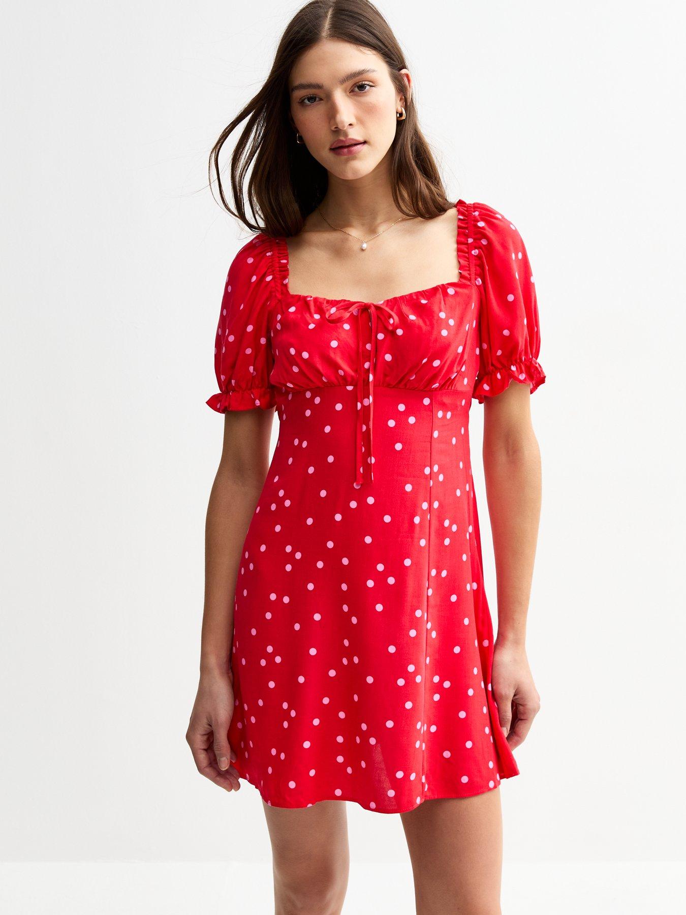 New Look Polka Dot Square Neck Mini Dress - Red