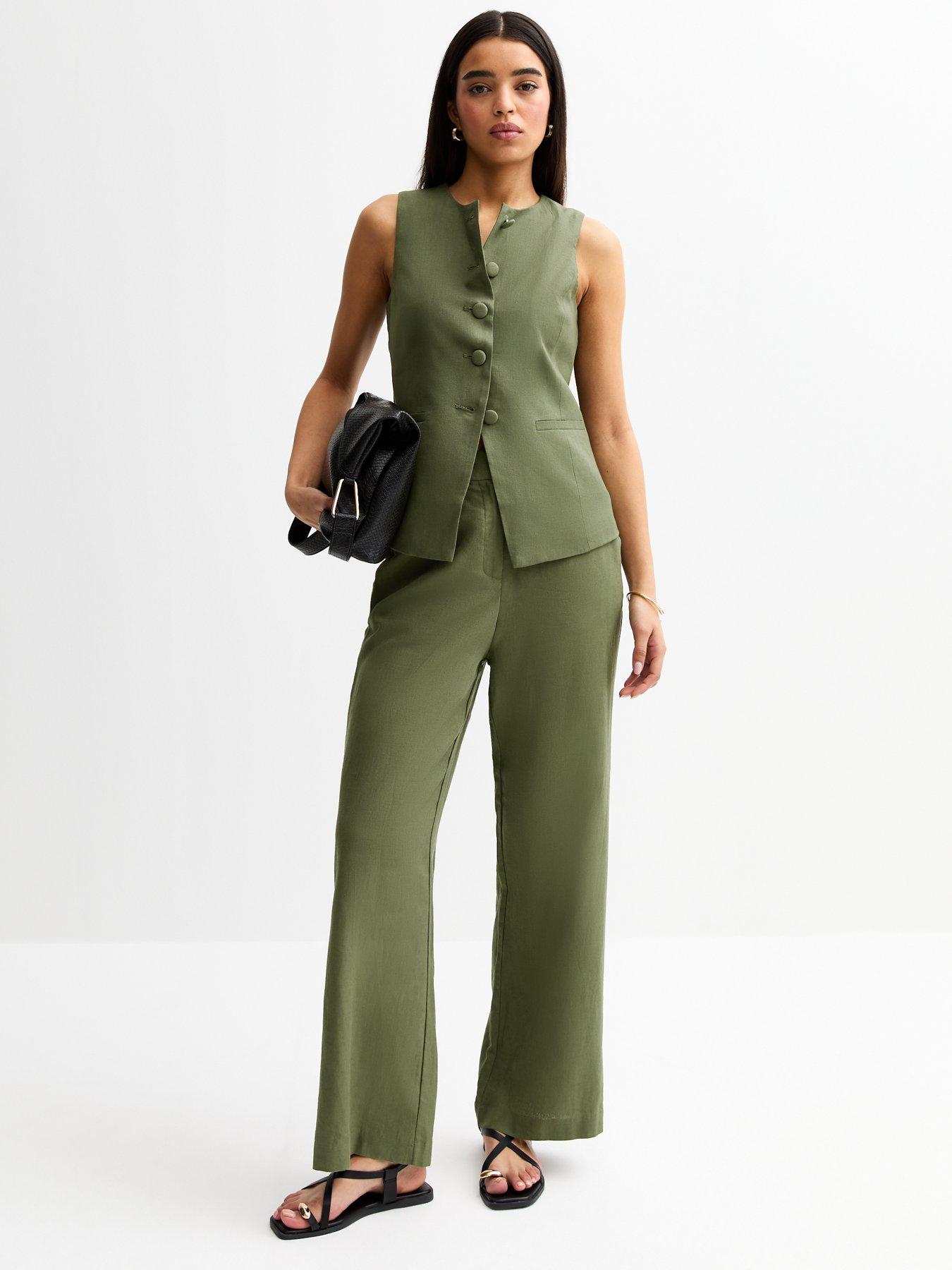  image of new-look-crew-neck-linen-blend-waistcoat-khaki