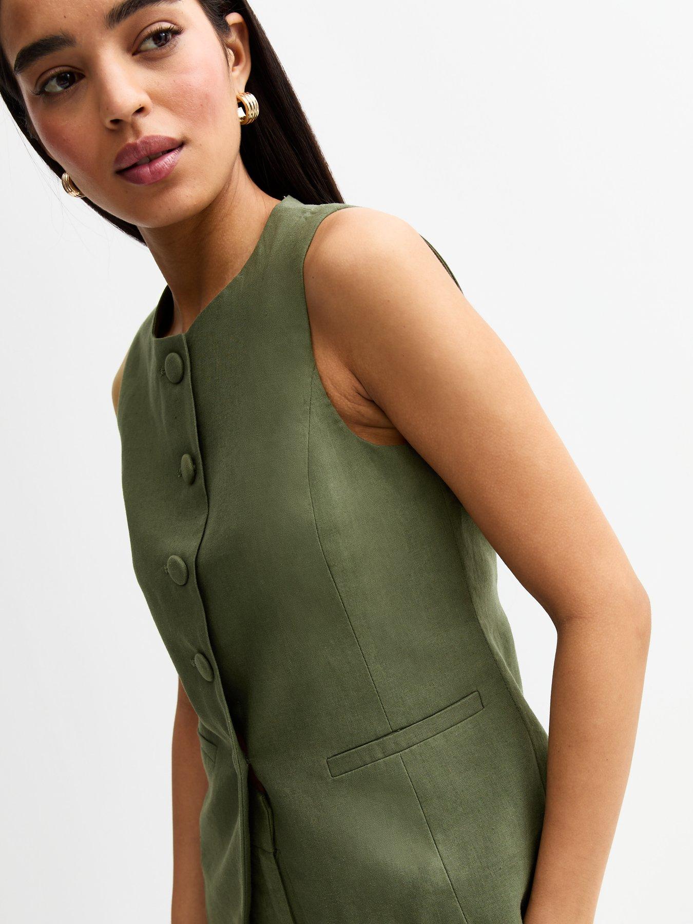  image of new-look-crew-neck-linen-blend-waistcoat-khaki
