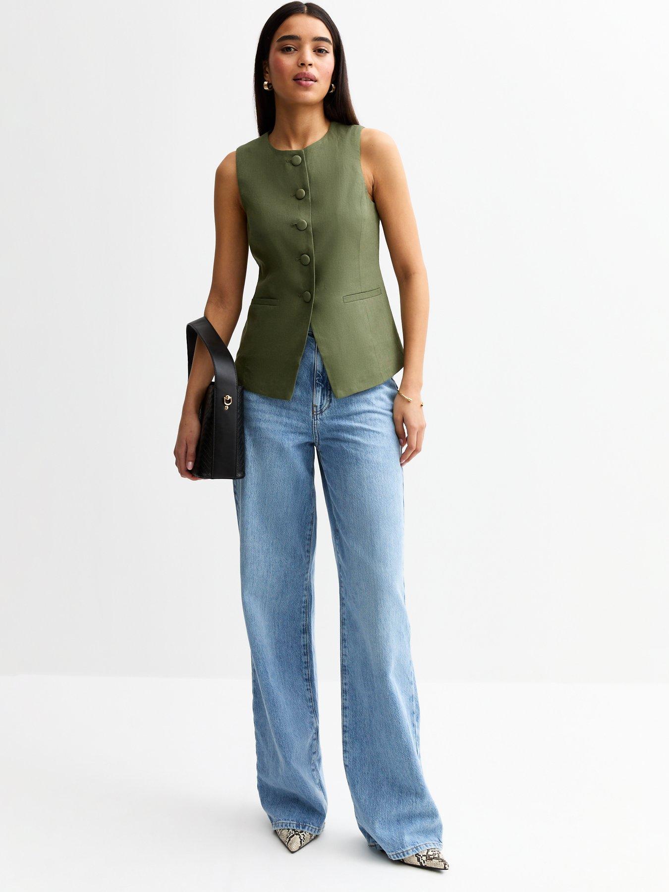  image of new-look-crew-neck-linen-blend-waistcoat-khaki