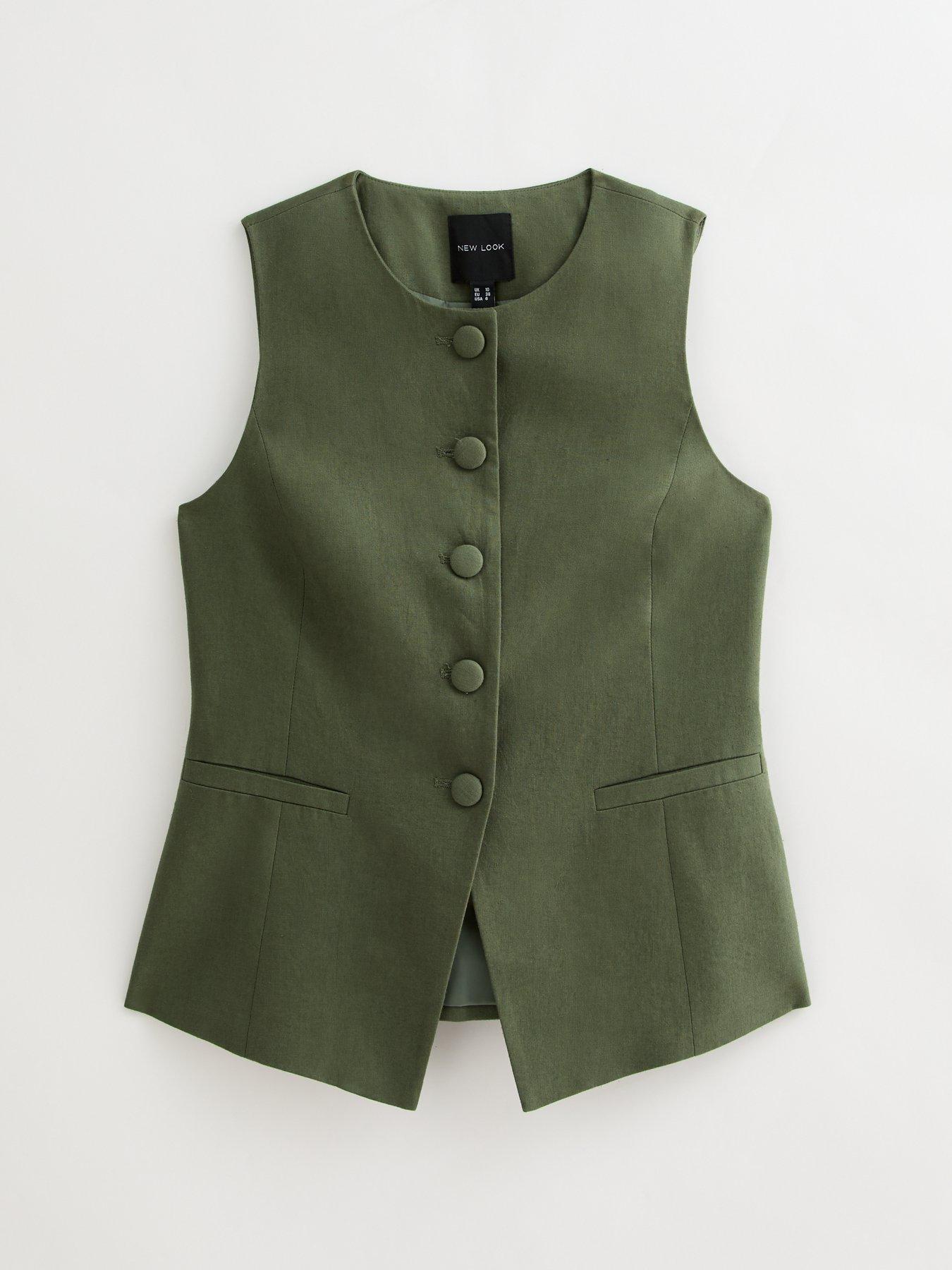  image of new-look-crew-neck-linen-blend-waistcoat-khaki