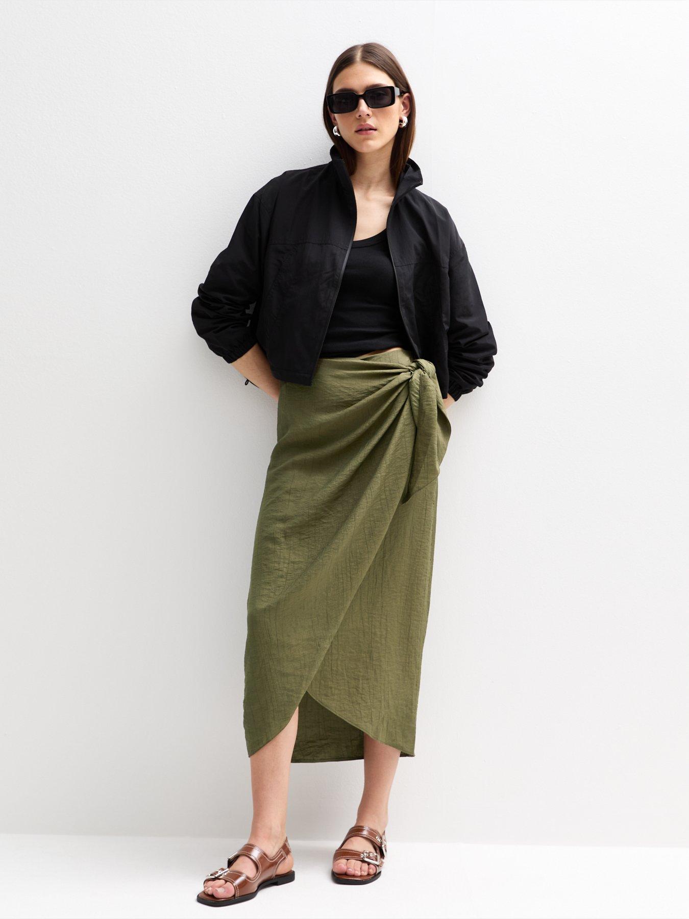  image of new-look-khaki-crinkled-sarong-midi-skirt