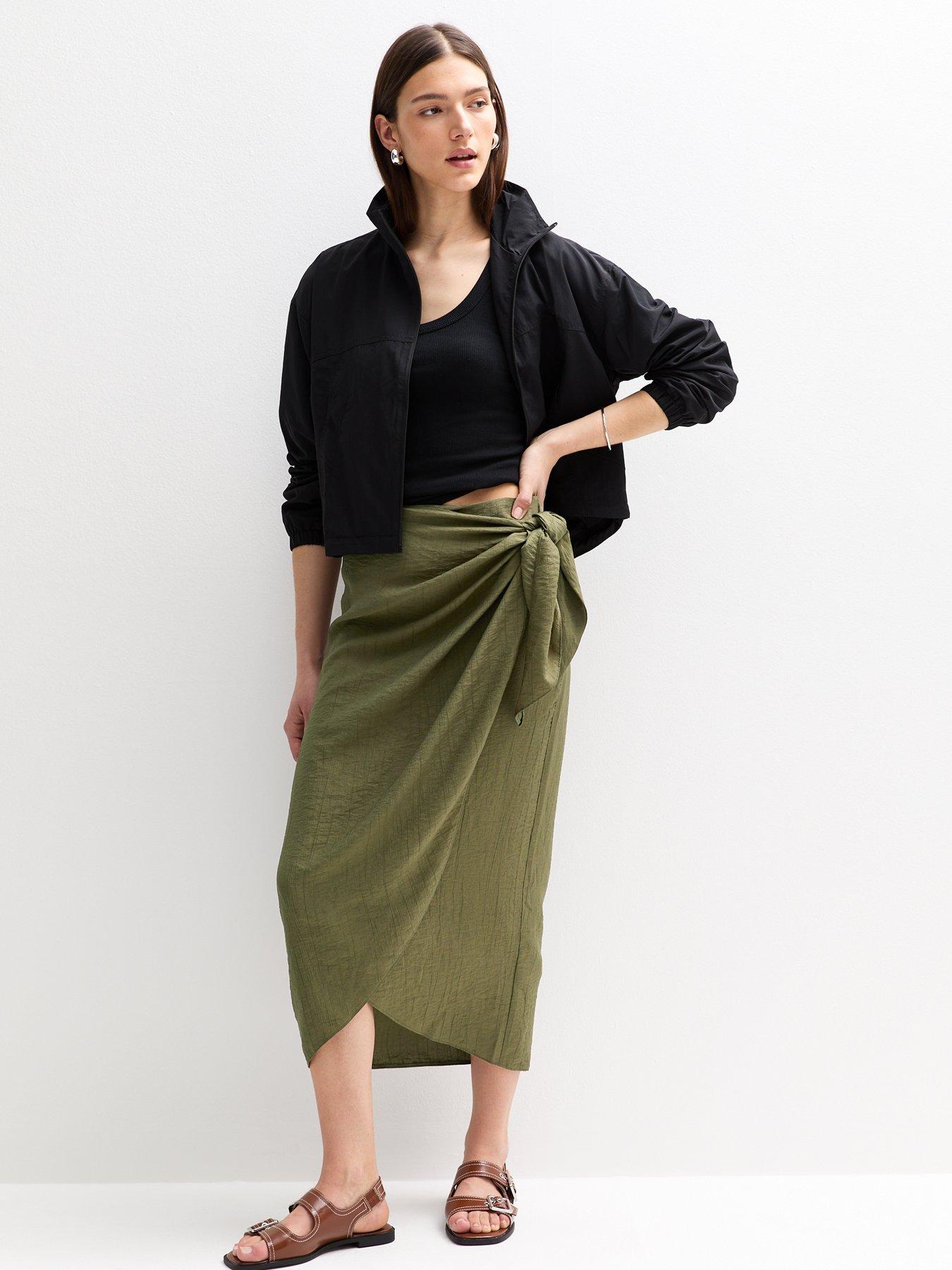  image of new-look-khaki-crinkled-sarong-midi-skirt