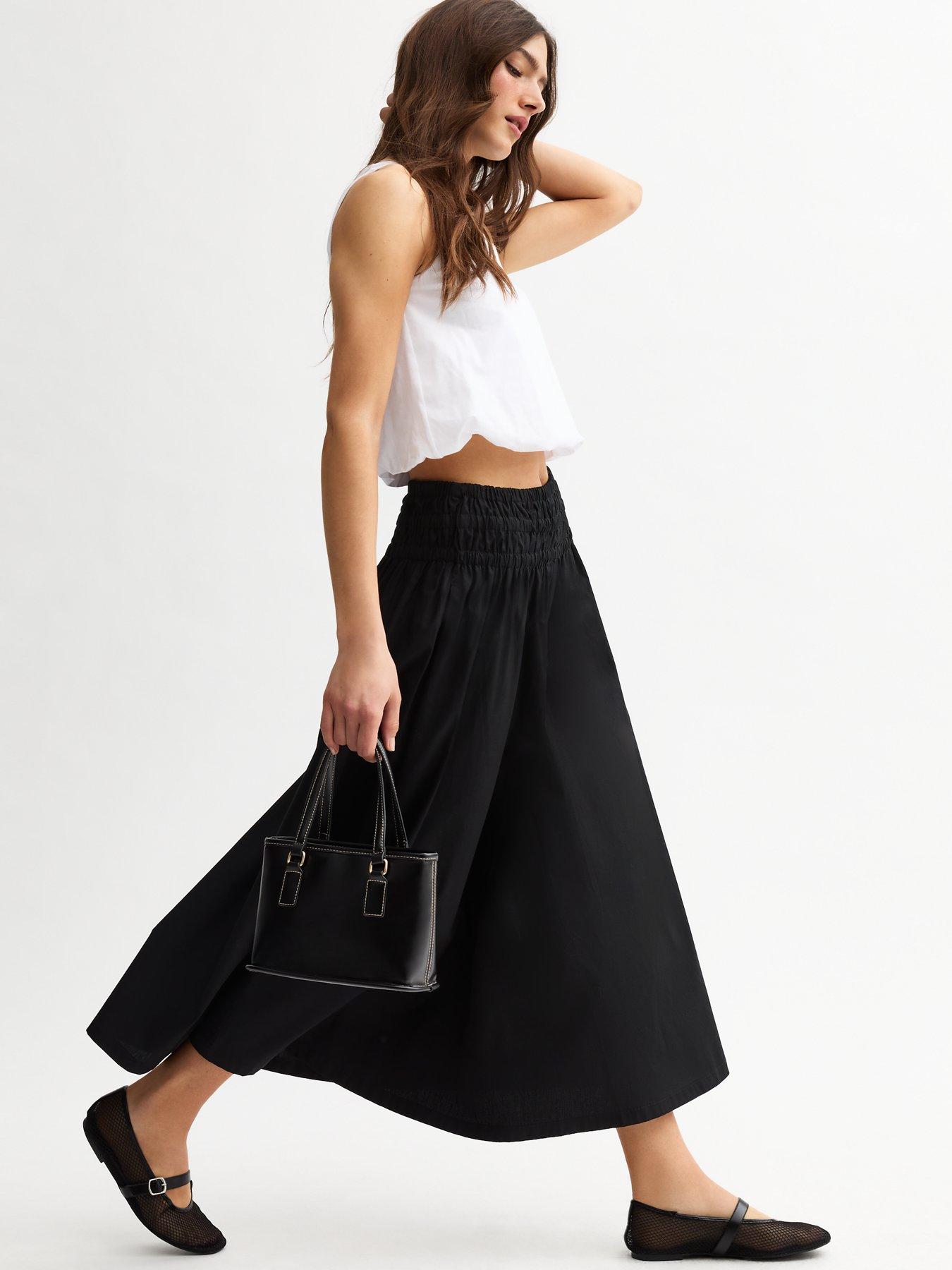 undefined Shirred Waist Poplin Midi Skirt - Black