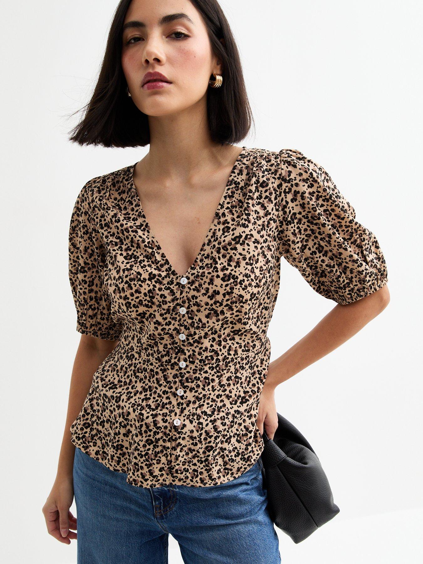 front image of new-look-brown-leopard-print-v-neck-top
