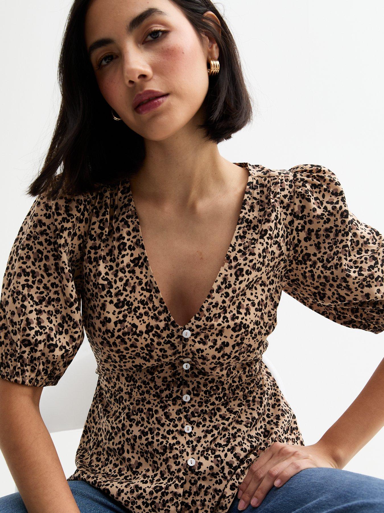  image of new-look-brown-leopard-print-v-neck-top