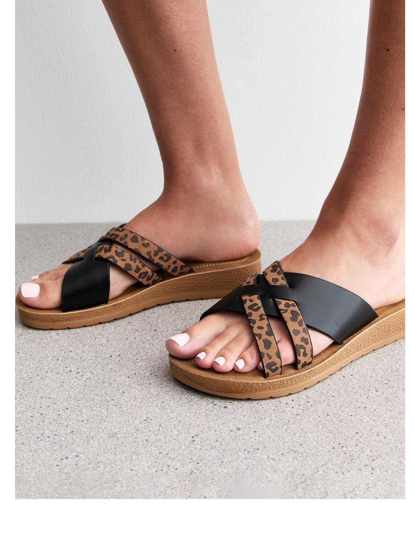  image of new-look-wide-fit-faux-leather-woven-strap-sandals-leopard-print