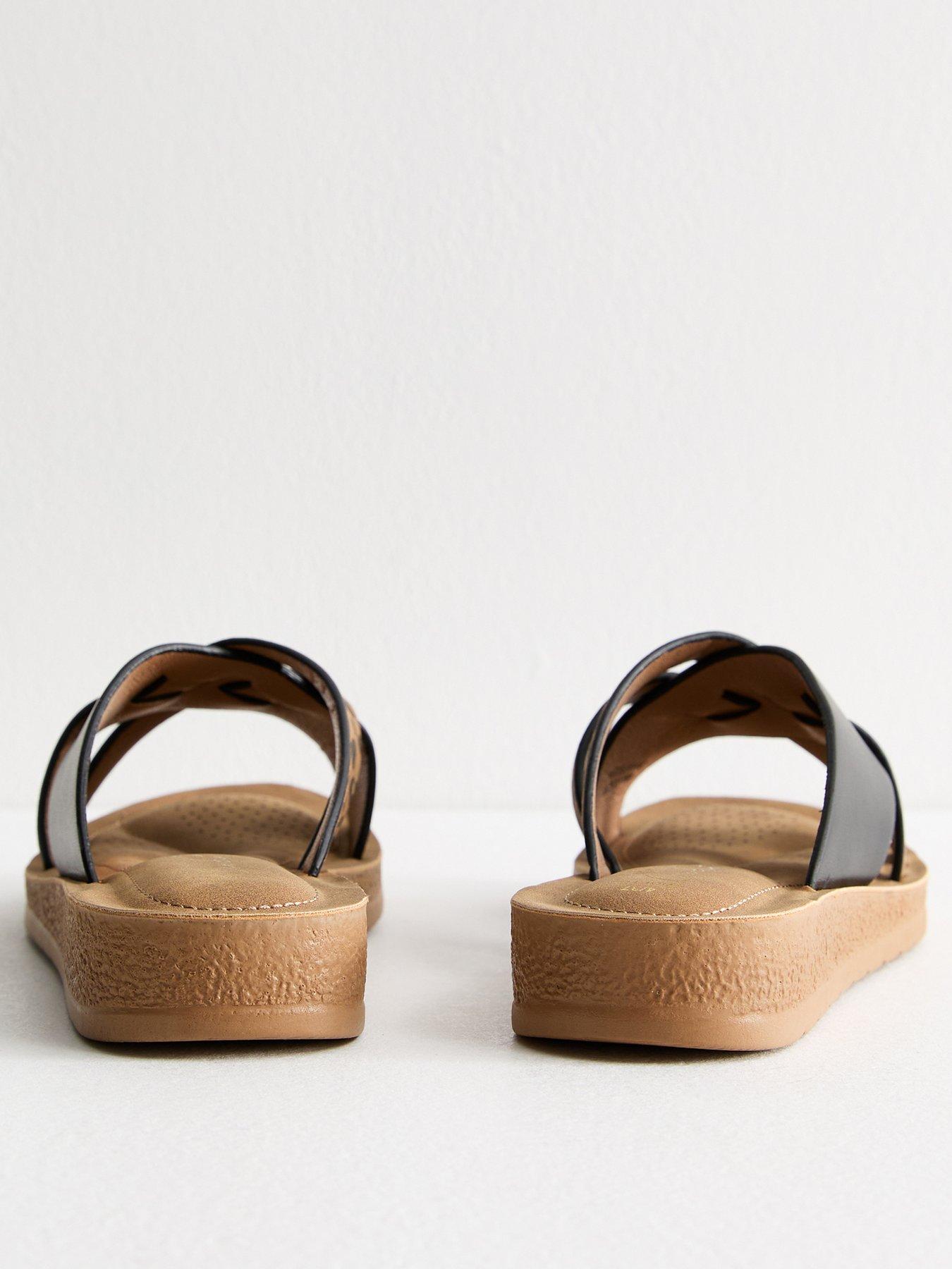  image of new-look-wide-fit-faux-leather-woven-strap-sandals-leopard-print