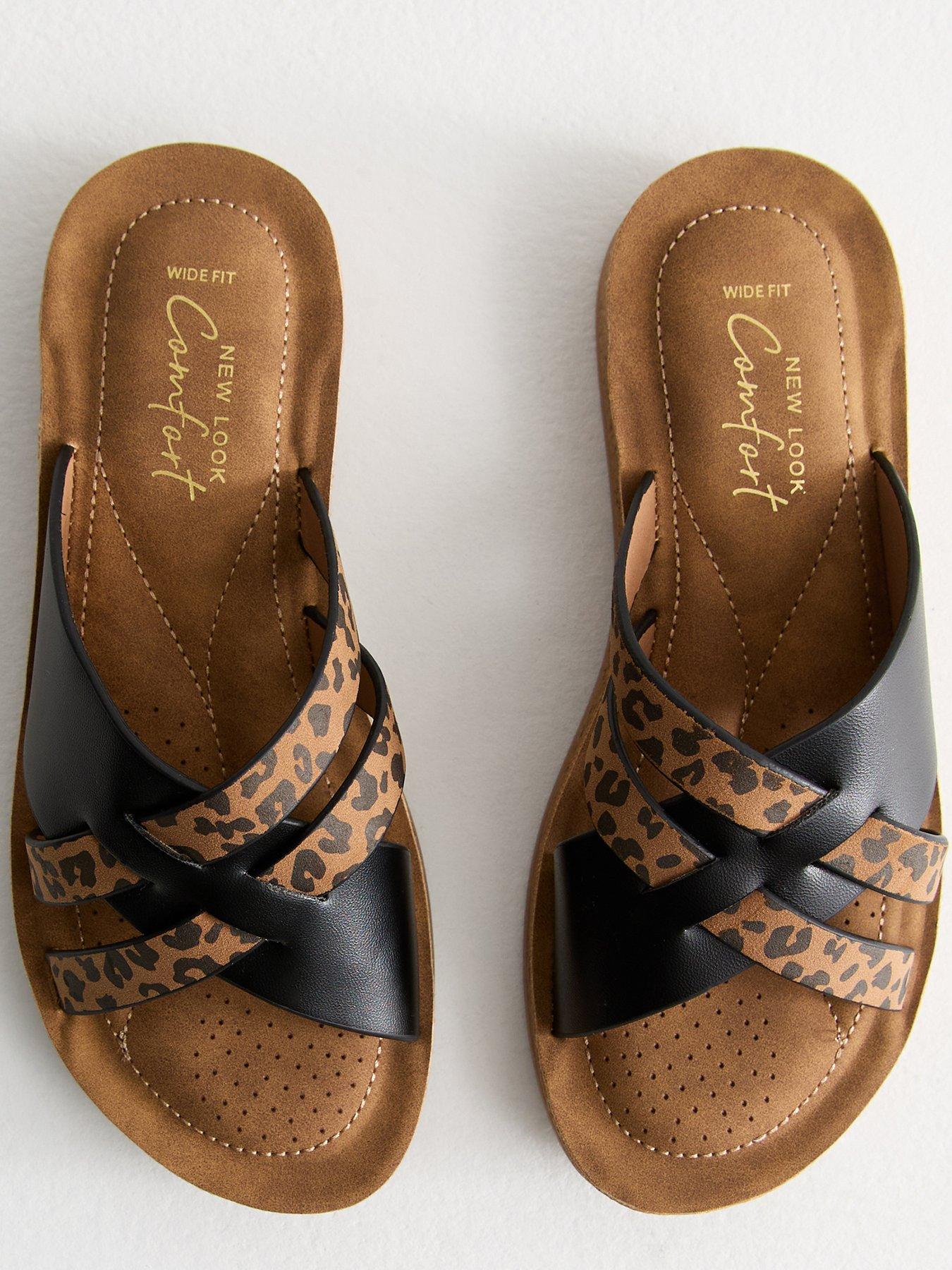  image of new-look-wide-fit-faux-leather-woven-strap-sandals-leopard-print