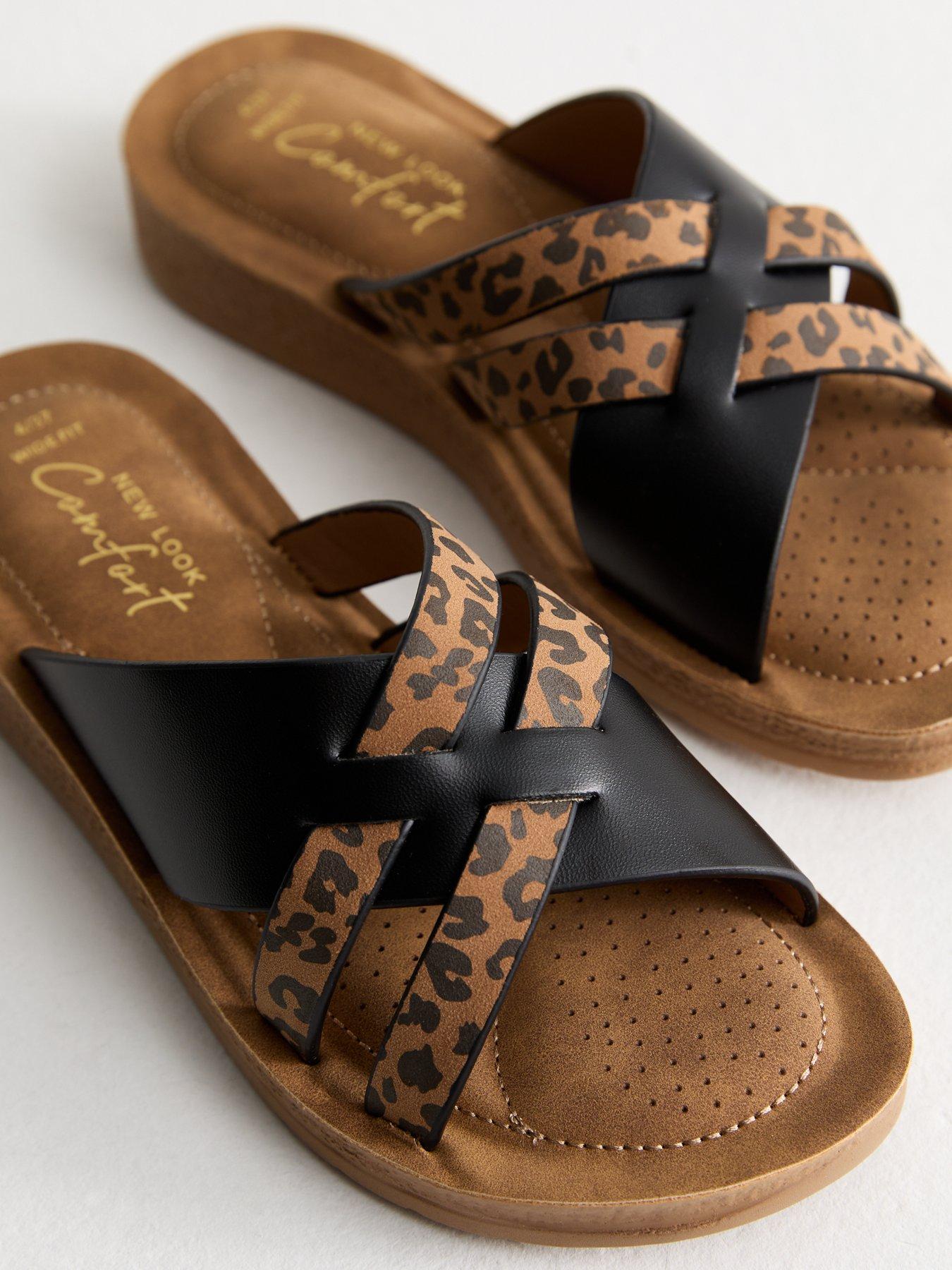  image of new-look-wide-fit-faux-leather-woven-strap-sandals-leopard-print