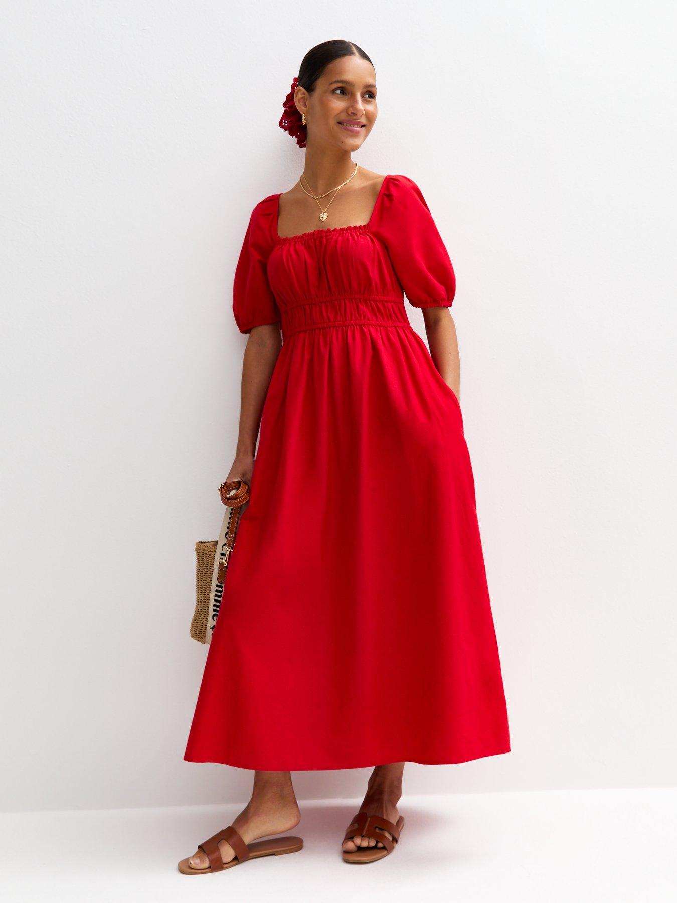 new-look-red-puff-sleeve-midi-dress