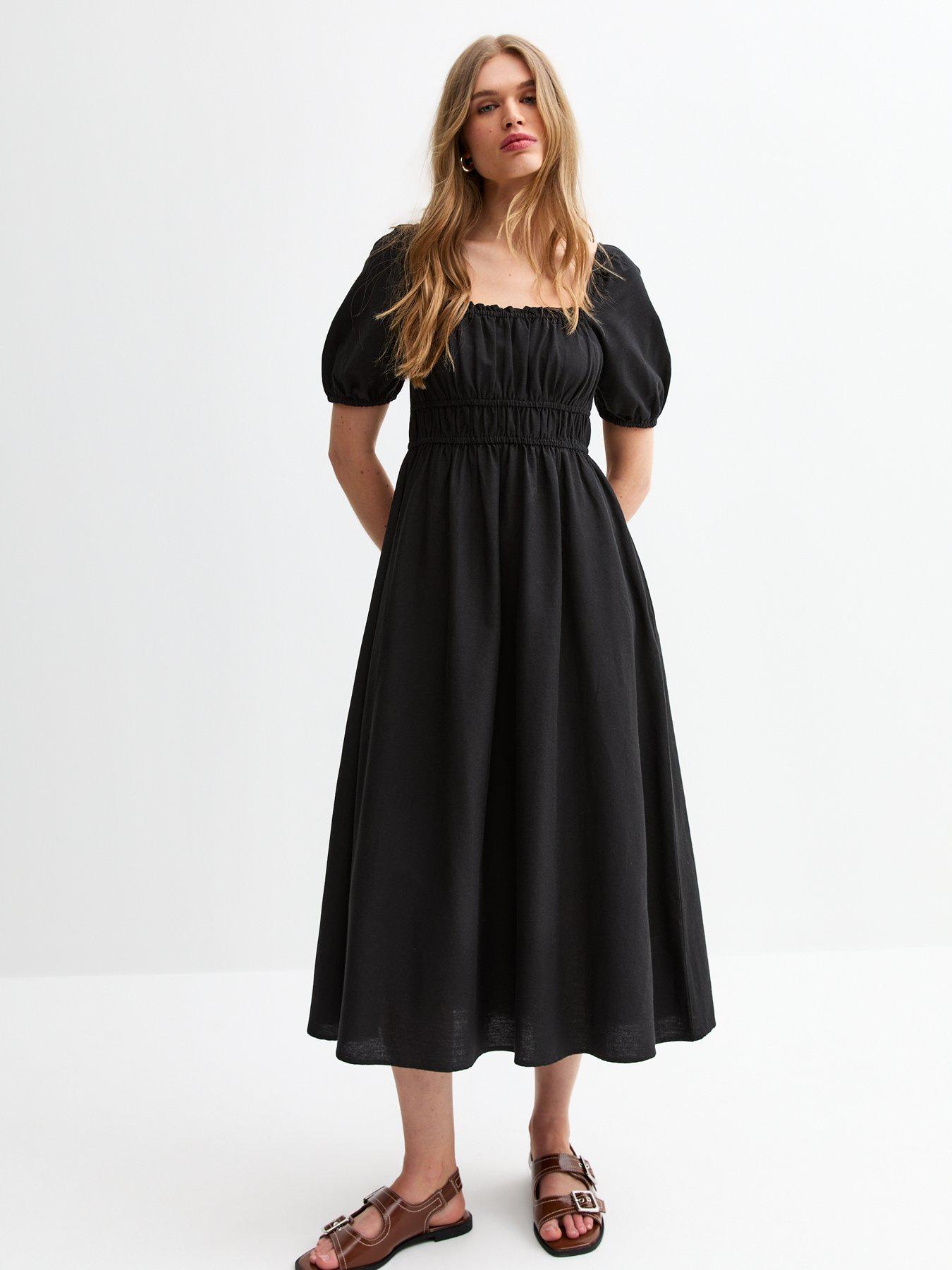 undefined Puff Sleeve Midi Dress - Black