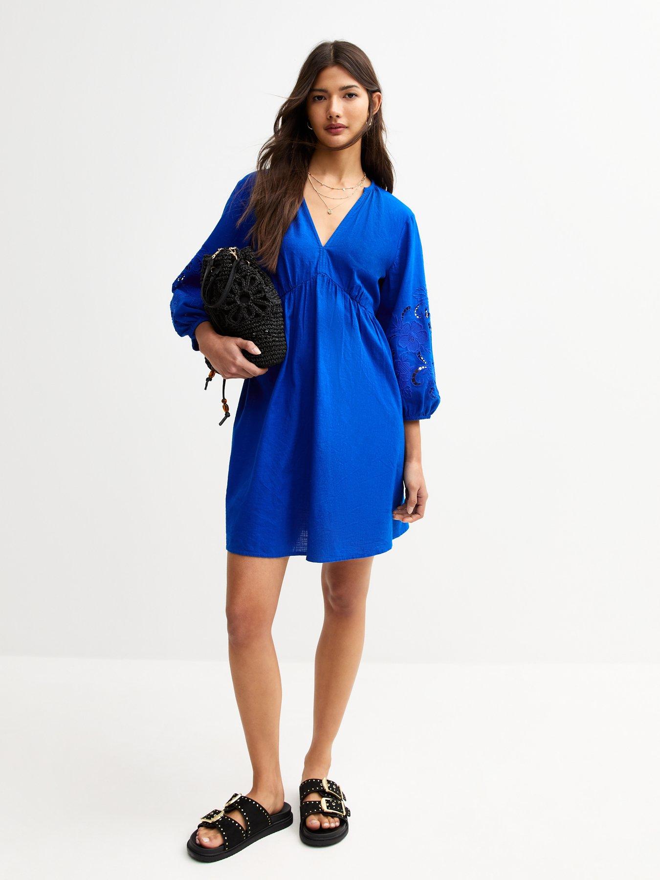 front image of new-look-bright-blue-broderie-smock-mini-dress