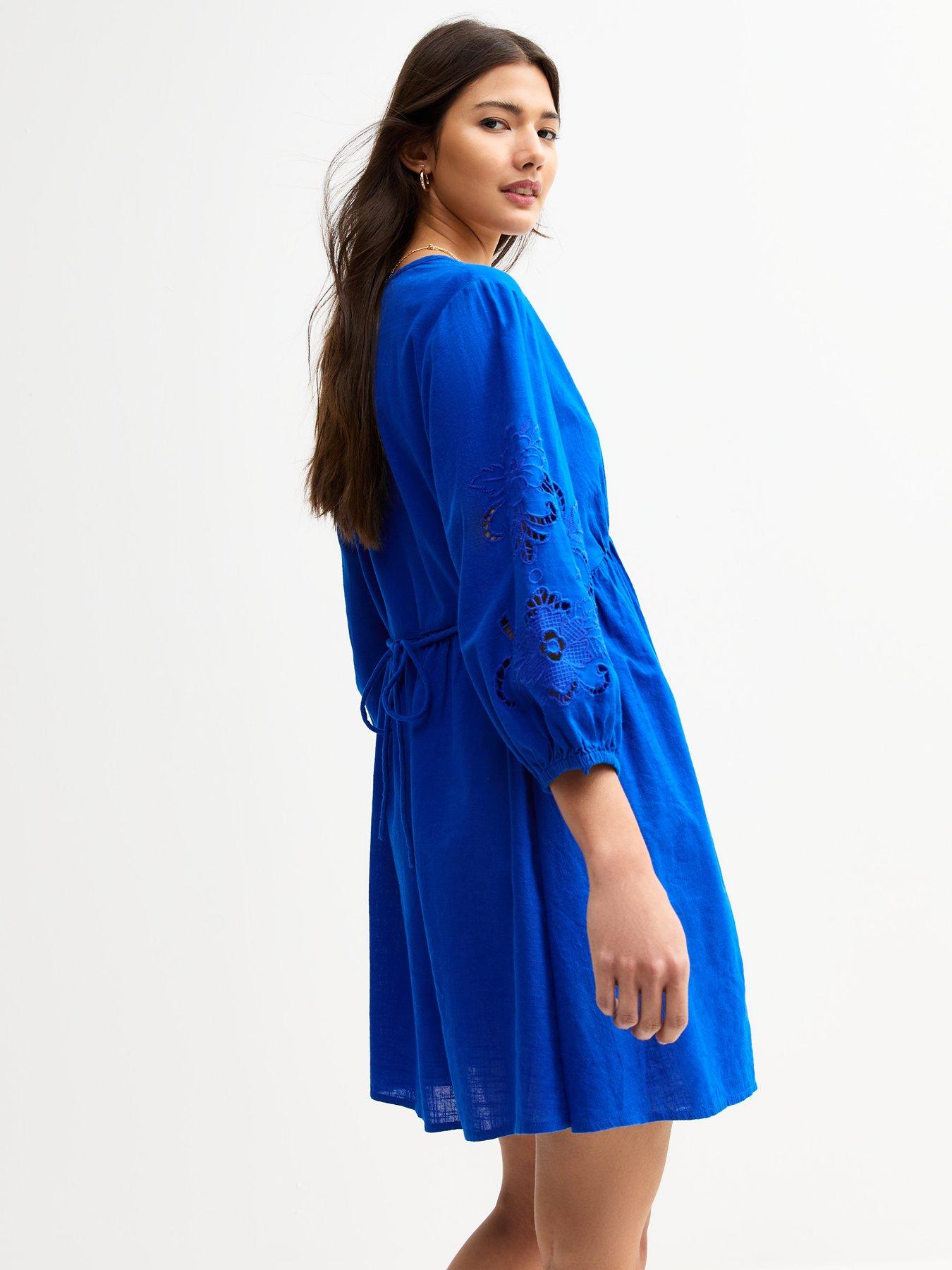 stillFront image of new-look-bright-blue-broderie-smock-mini-dress