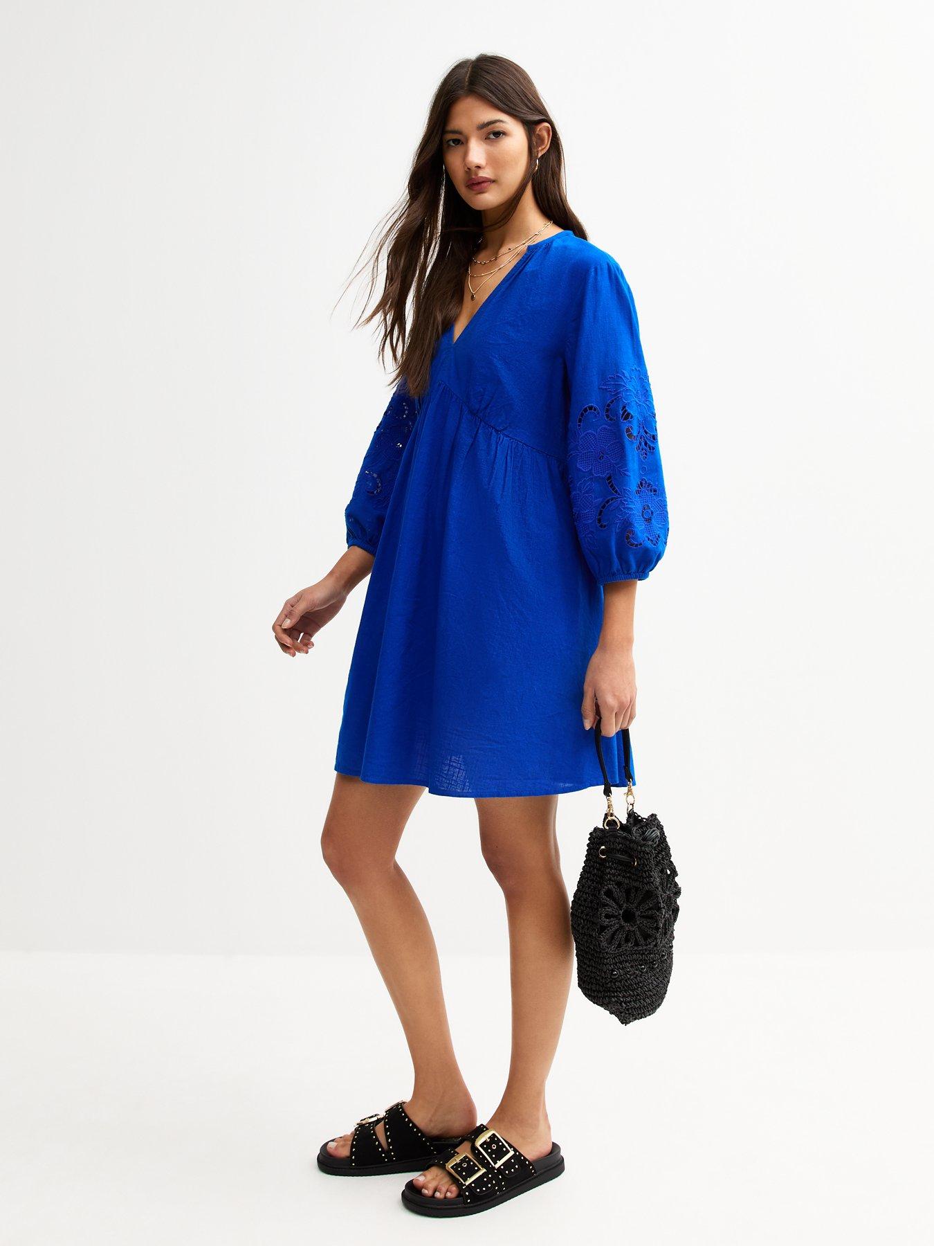  image of new-look-bright-blue-broderie-smock-mini-dress