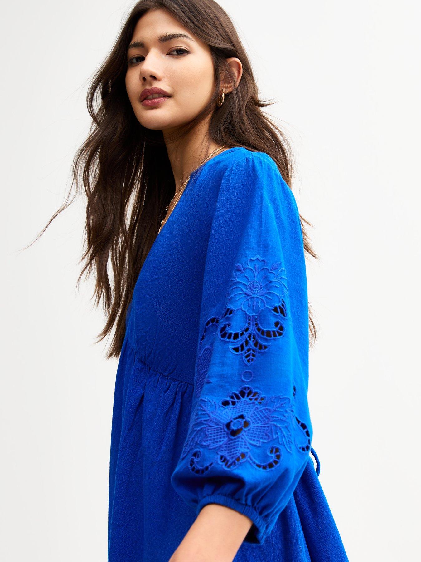  image of new-look-bright-blue-broderie-smock-mini-dress