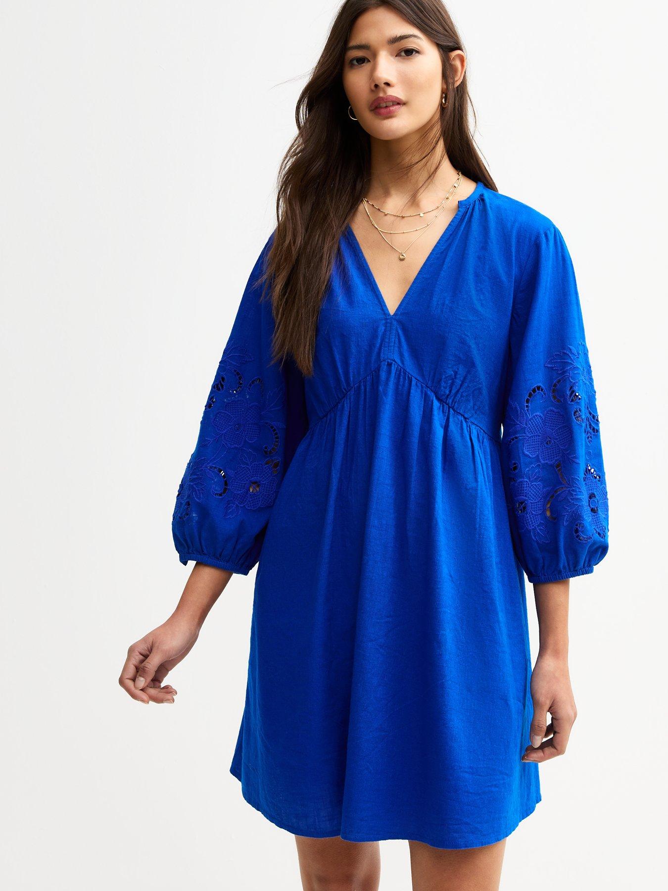  image of new-look-bright-blue-broderie-smock-mini-dress