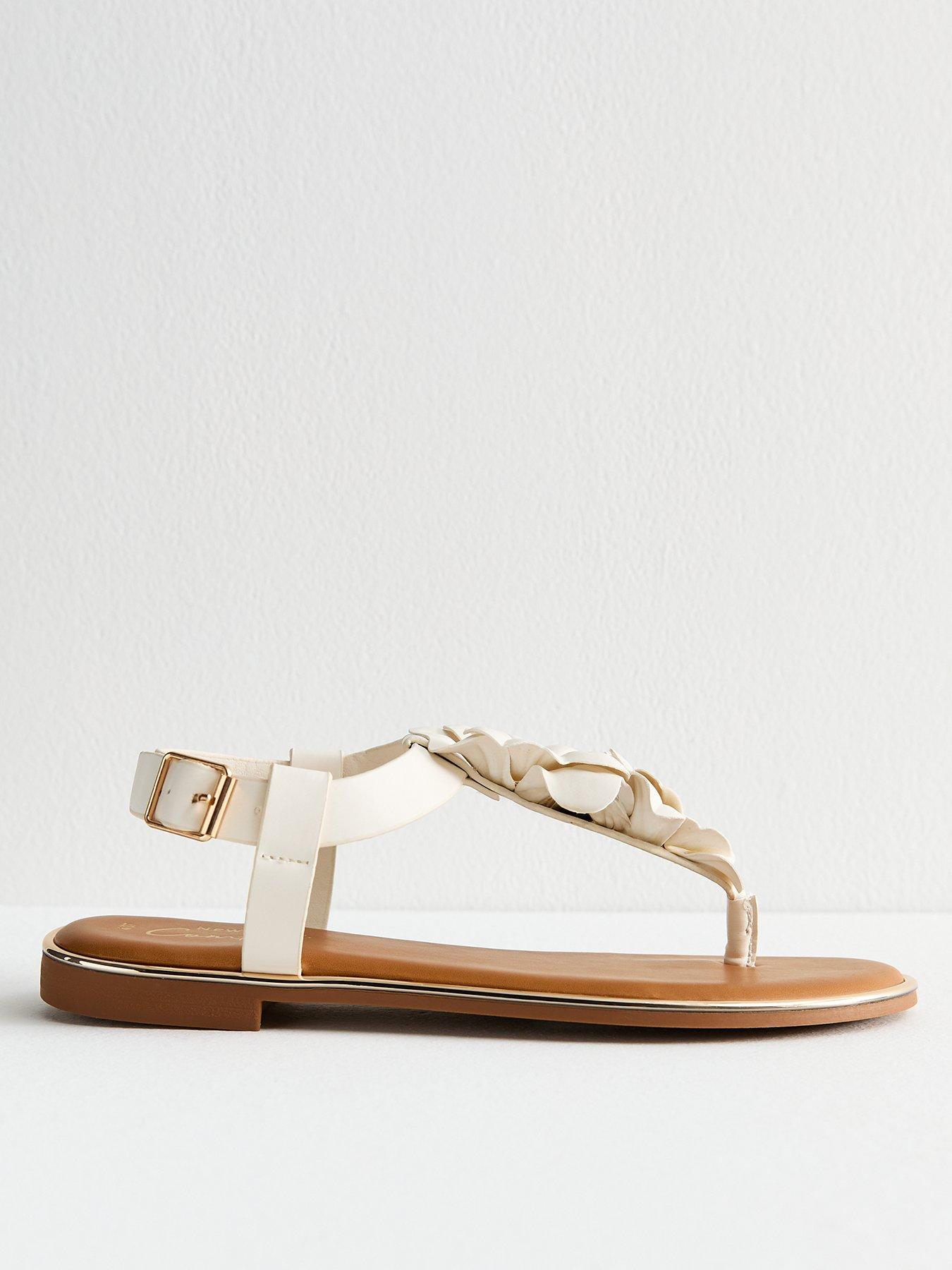 undefined White Faux Leather Hyacinth Flower Embellished Flat Sandals