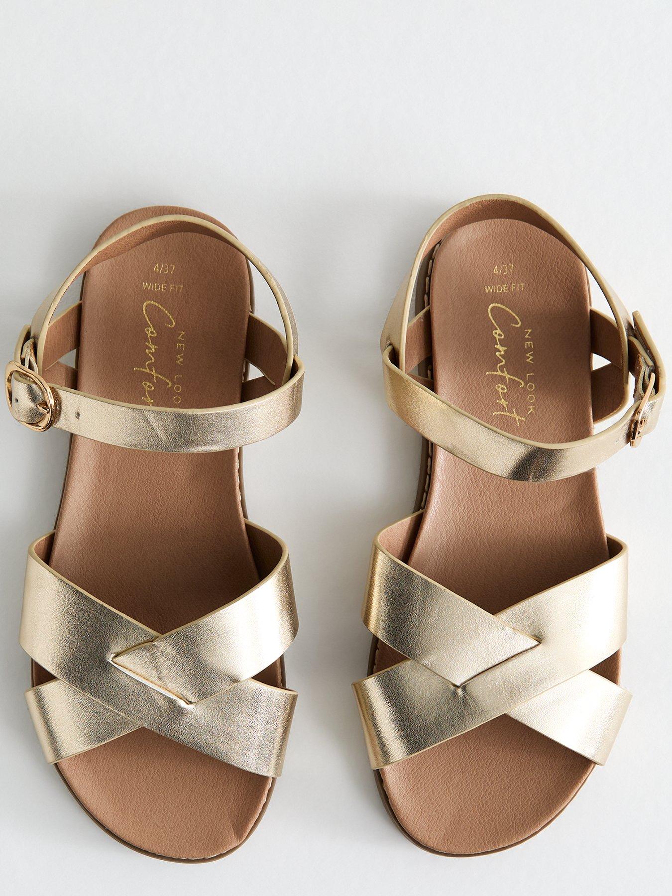  image of new-look-wide-fit-metallic-faux-leather-crossover-strap-sandals-gold