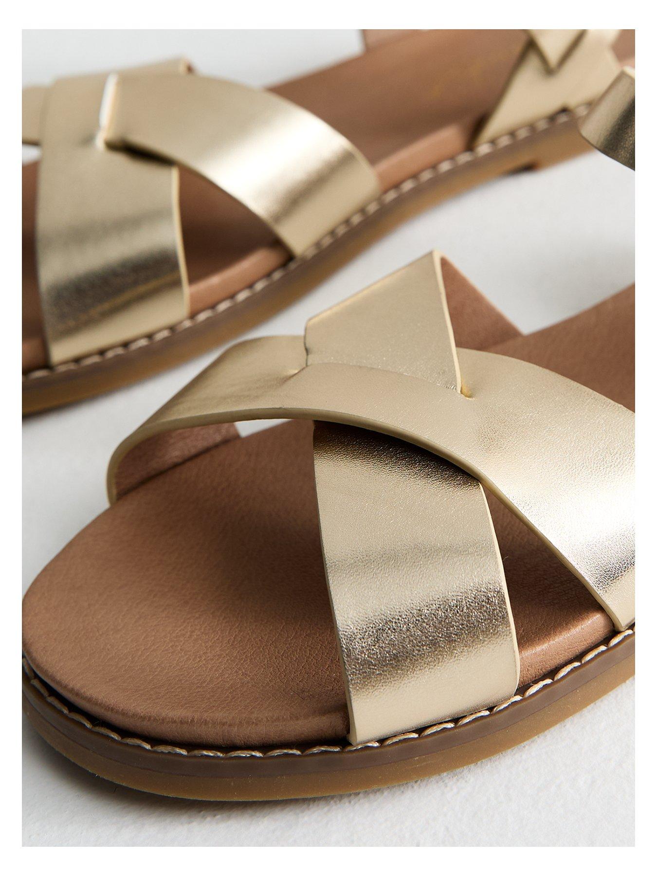  image of new-look-wide-fit-metallic-faux-leather-crossover-strap-sandals-gold