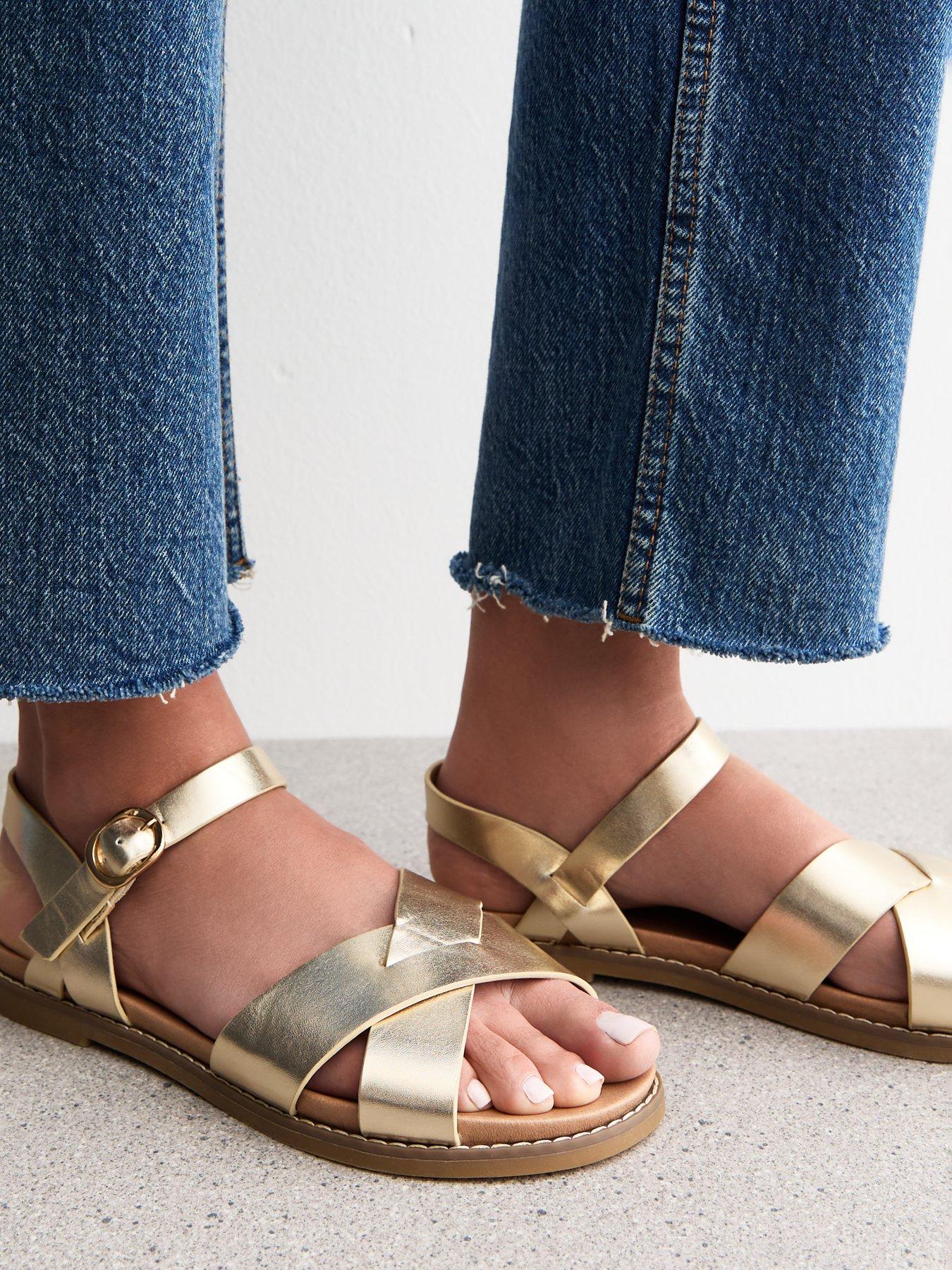  image of new-look-wide-fit-metallic-faux-leather-crossover-strap-sandals-gold