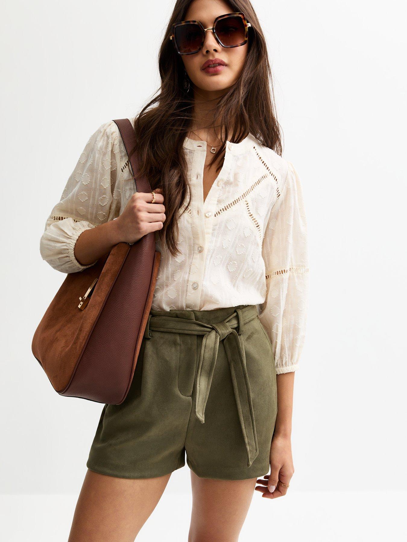 undefined Khaki Belted Faux Suede Shorts - Green