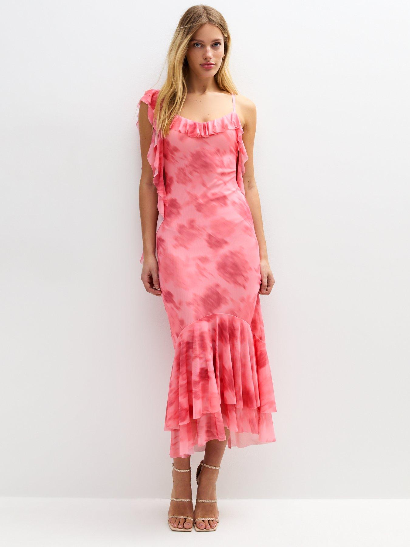 Image 1 of 5 of New Look Frilly Trimmed Mesh Midi Dress - Pink