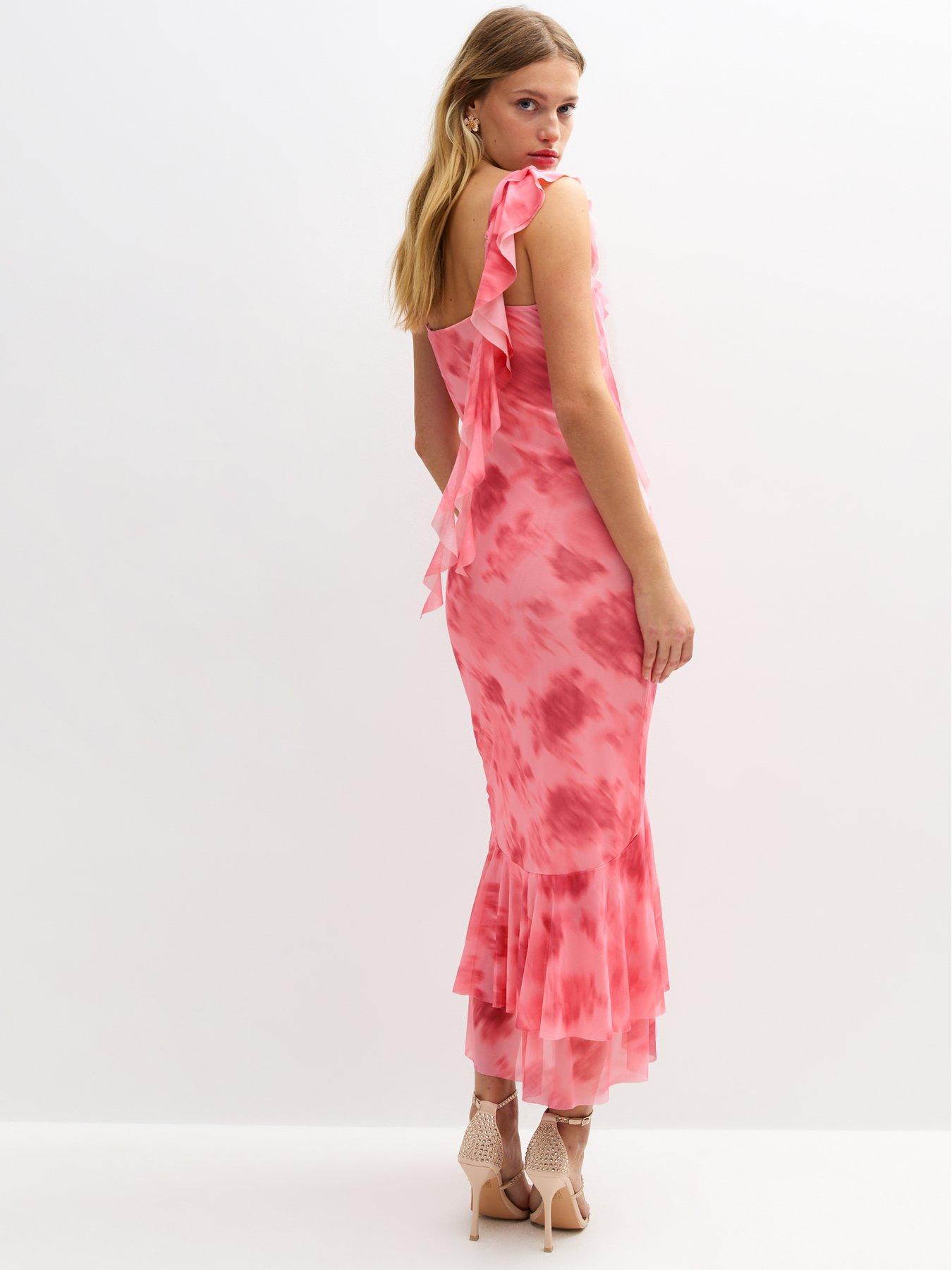 Image 2 of 5 of New Look Frilly Trimmed Mesh Midi Dress - Pink