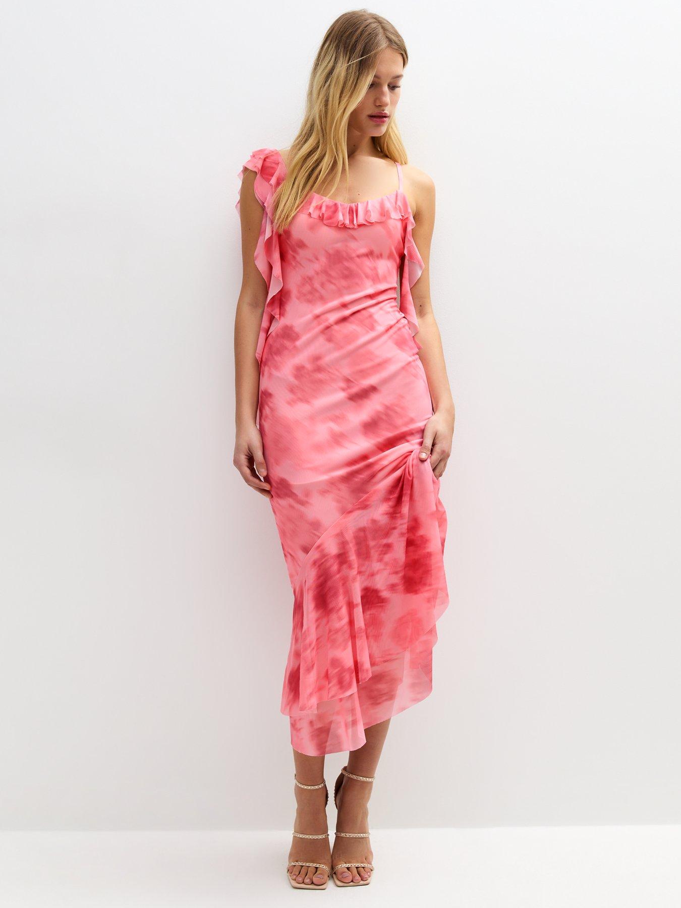 Image 3 of 5 of New Look Frilly Trimmed Mesh Midi Dress - Pink