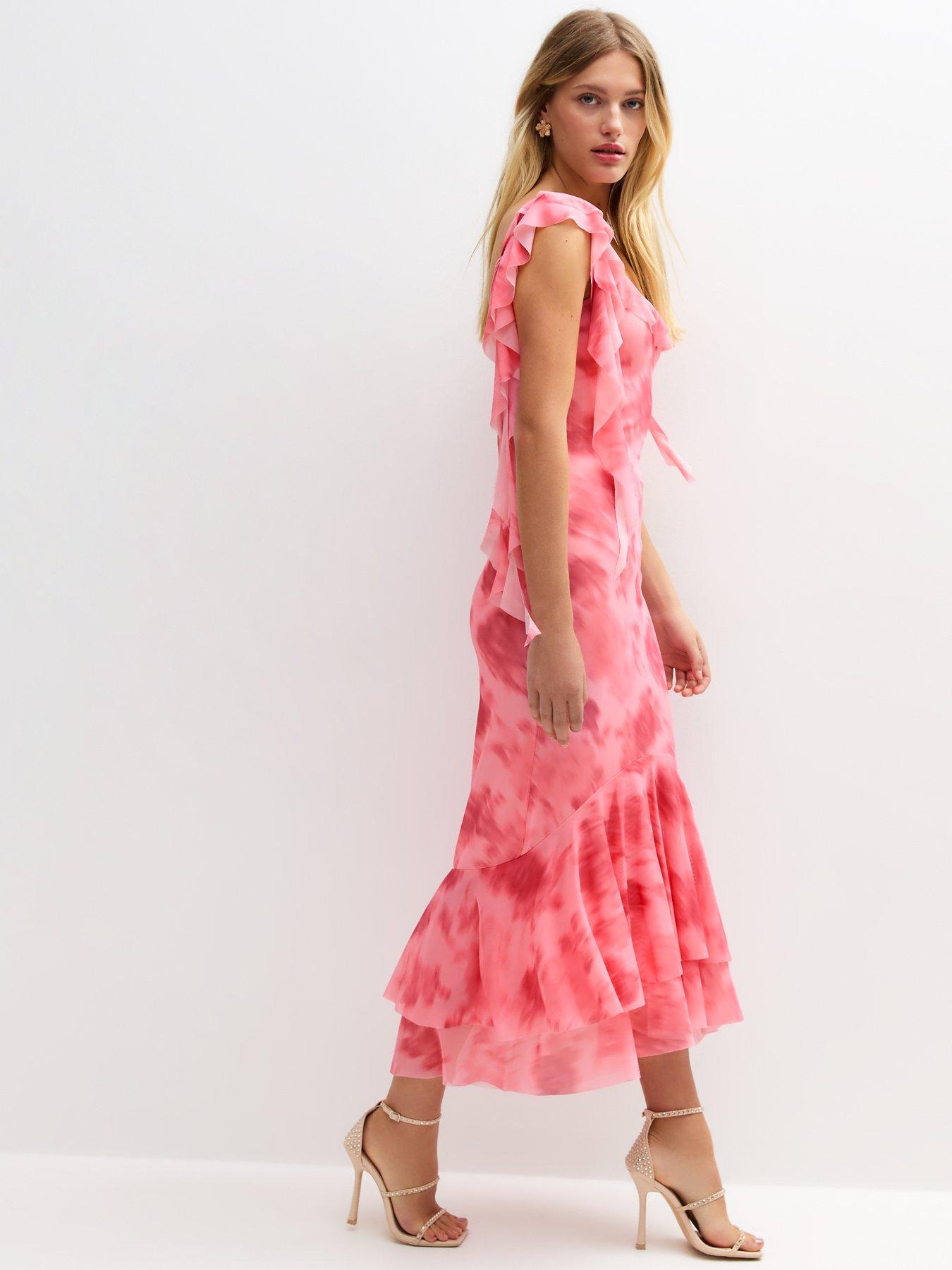 Image 4 of 5 of New Look Frilly Trimmed Mesh Midi Dress - Pink
