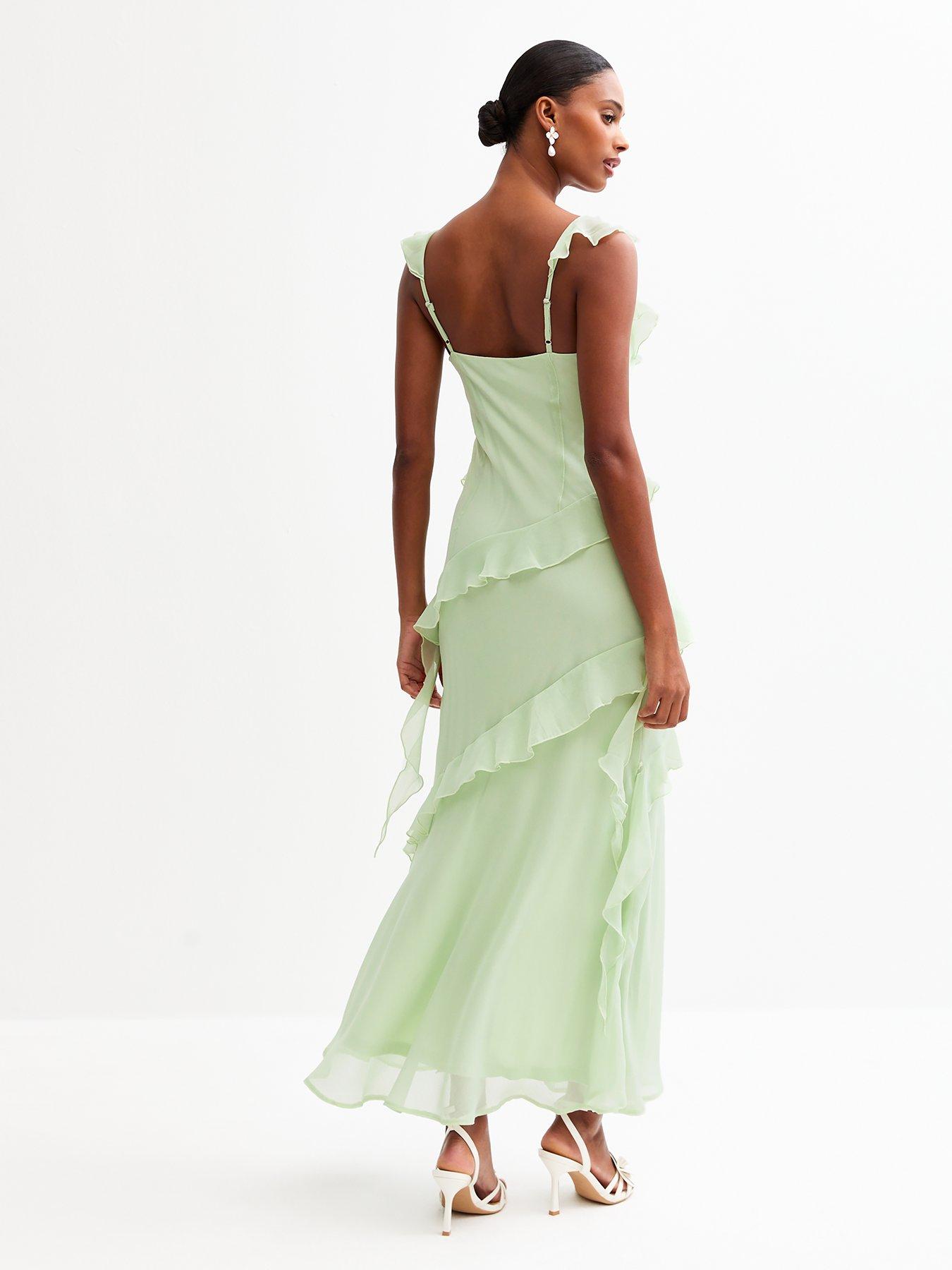 undefined Asymmetric Ruffled Slit Hem Chiffon Midi Dress - Light Green