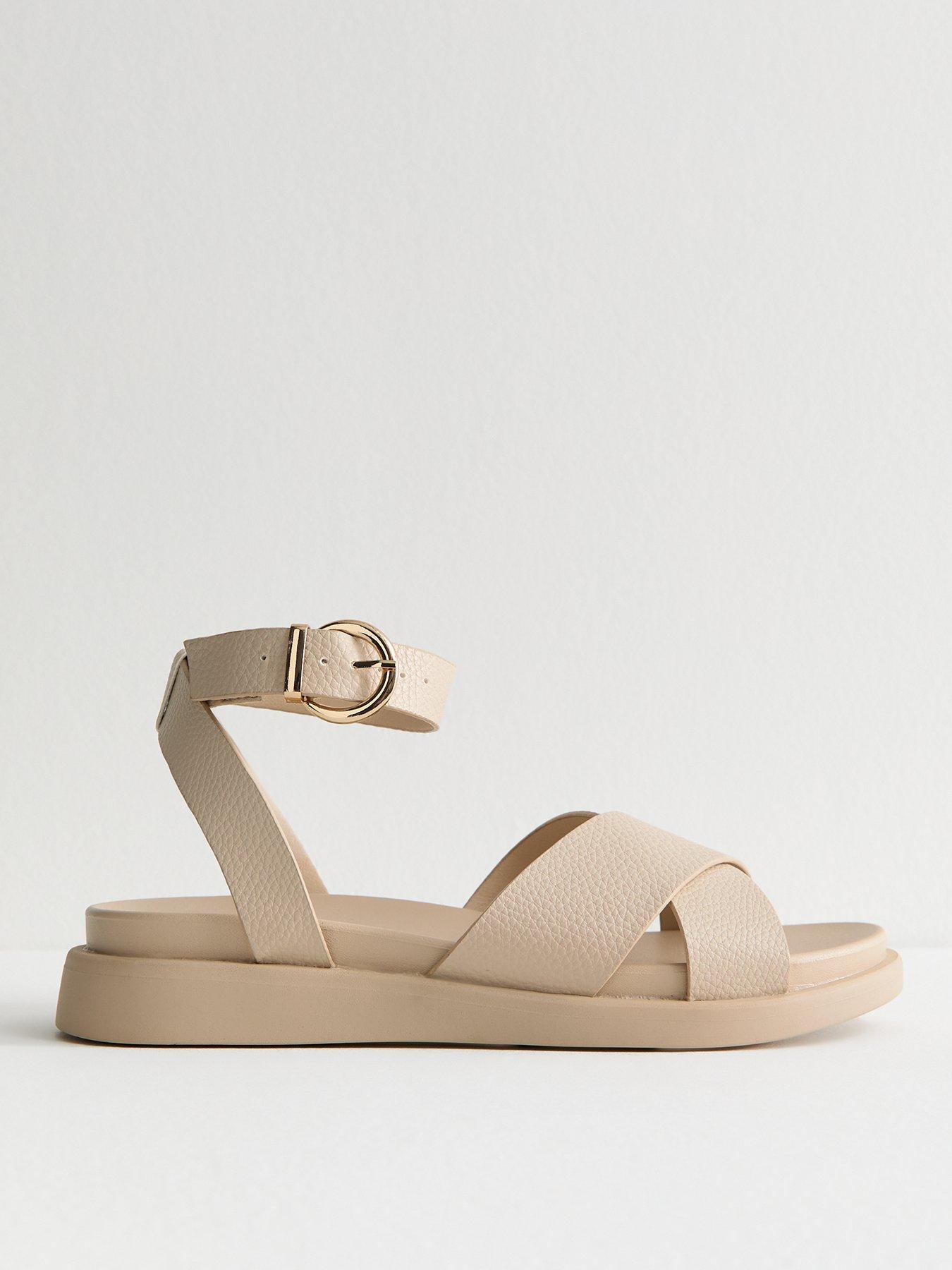 undefined Wide Fit Off White Faux Leather Crossover Strap Sandals