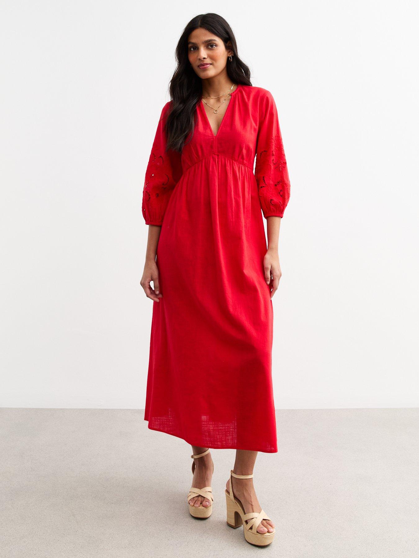 undefined Broderie Anglaise Sleeve Smock Midi Dress - Red