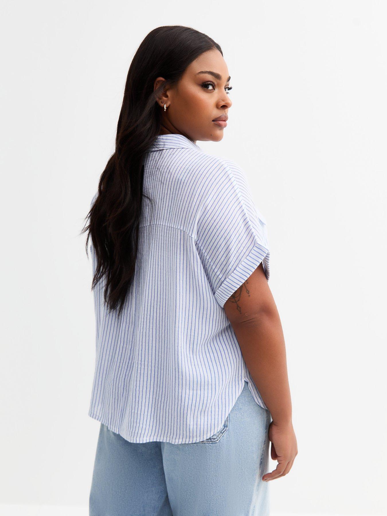 stillFront image of new-look-curves-blue-striped-textured-shirt