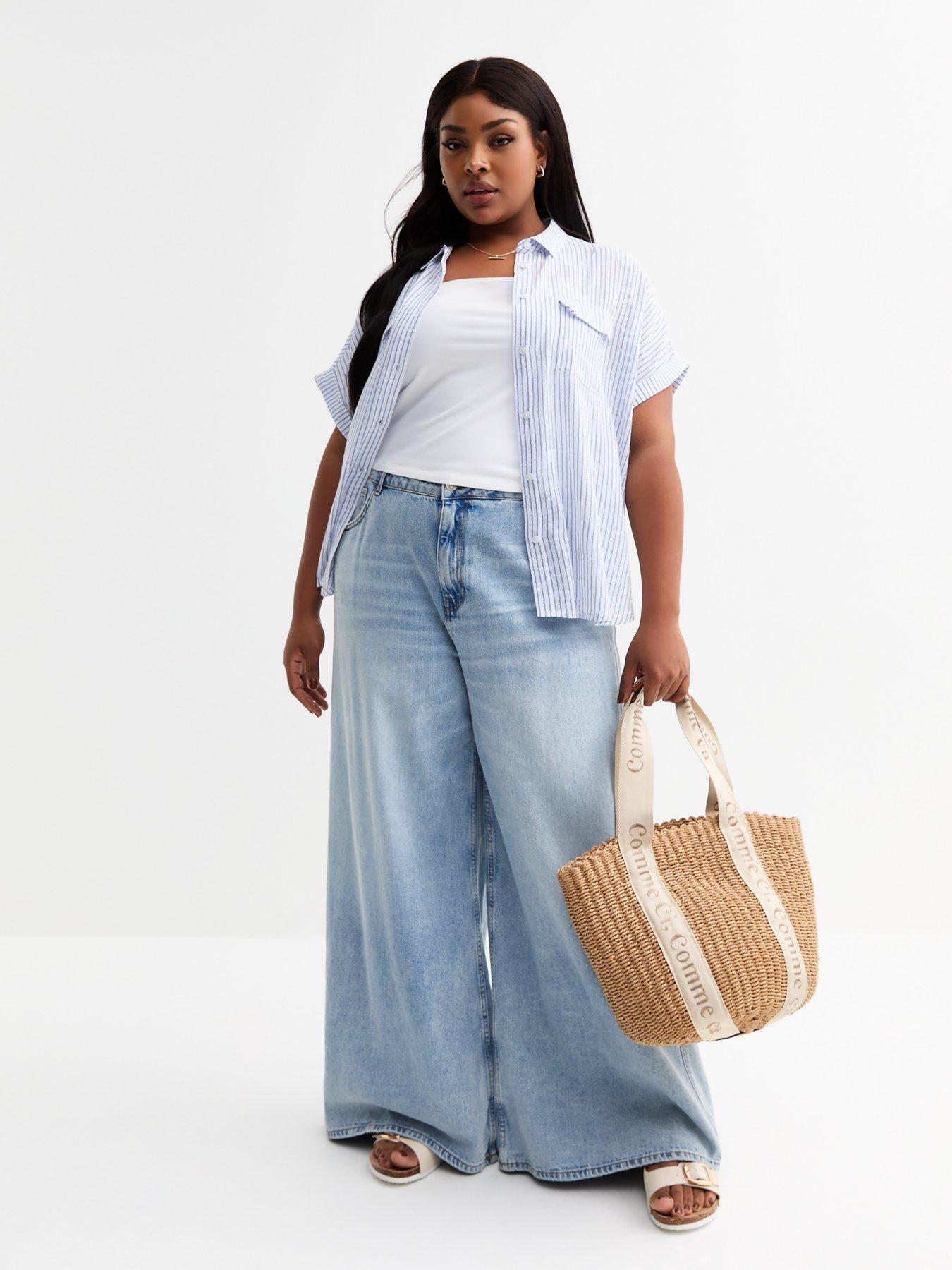  image of new-look-curves-blue-striped-textured-shirt