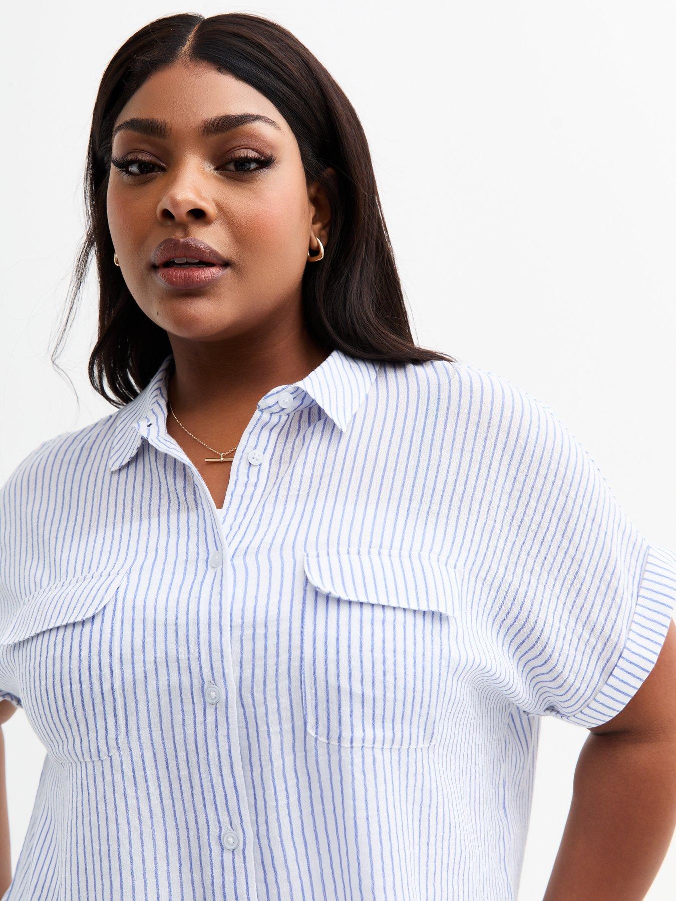  image of new-look-curves-blue-striped-textured-shirt