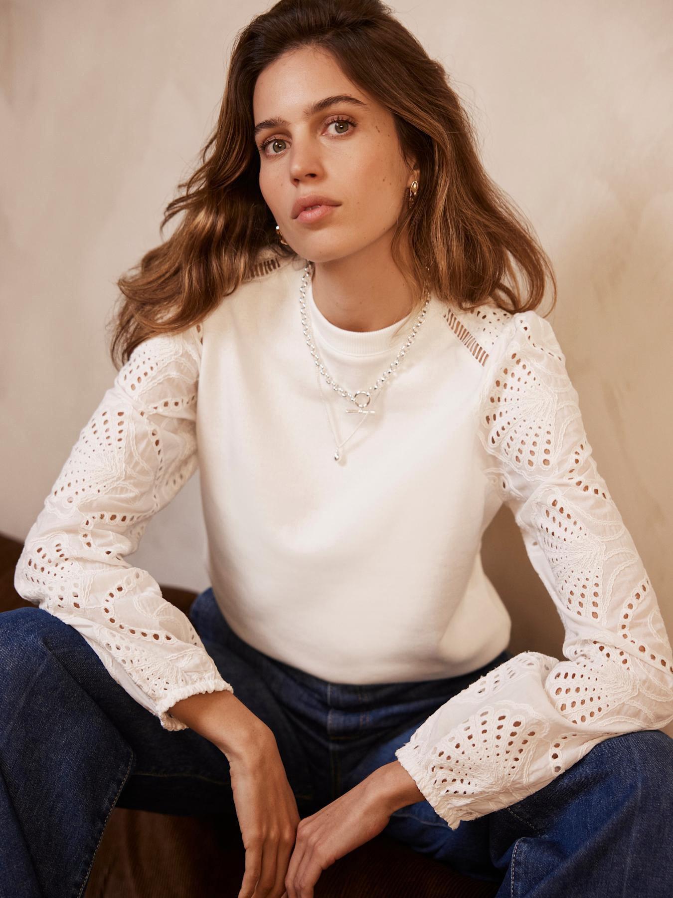 image of mint-velvet-white-broderie-sleeve-sweatshirt-cream