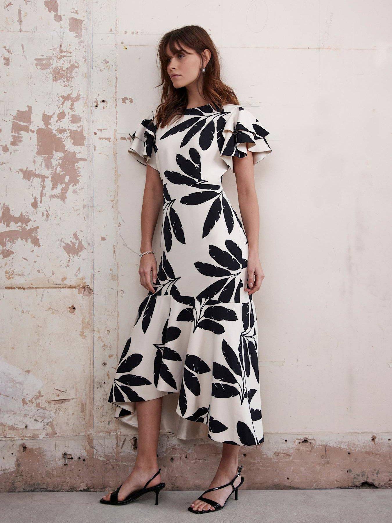  image of mint-velvet-neutral-palm-print-midi-dress-beige
