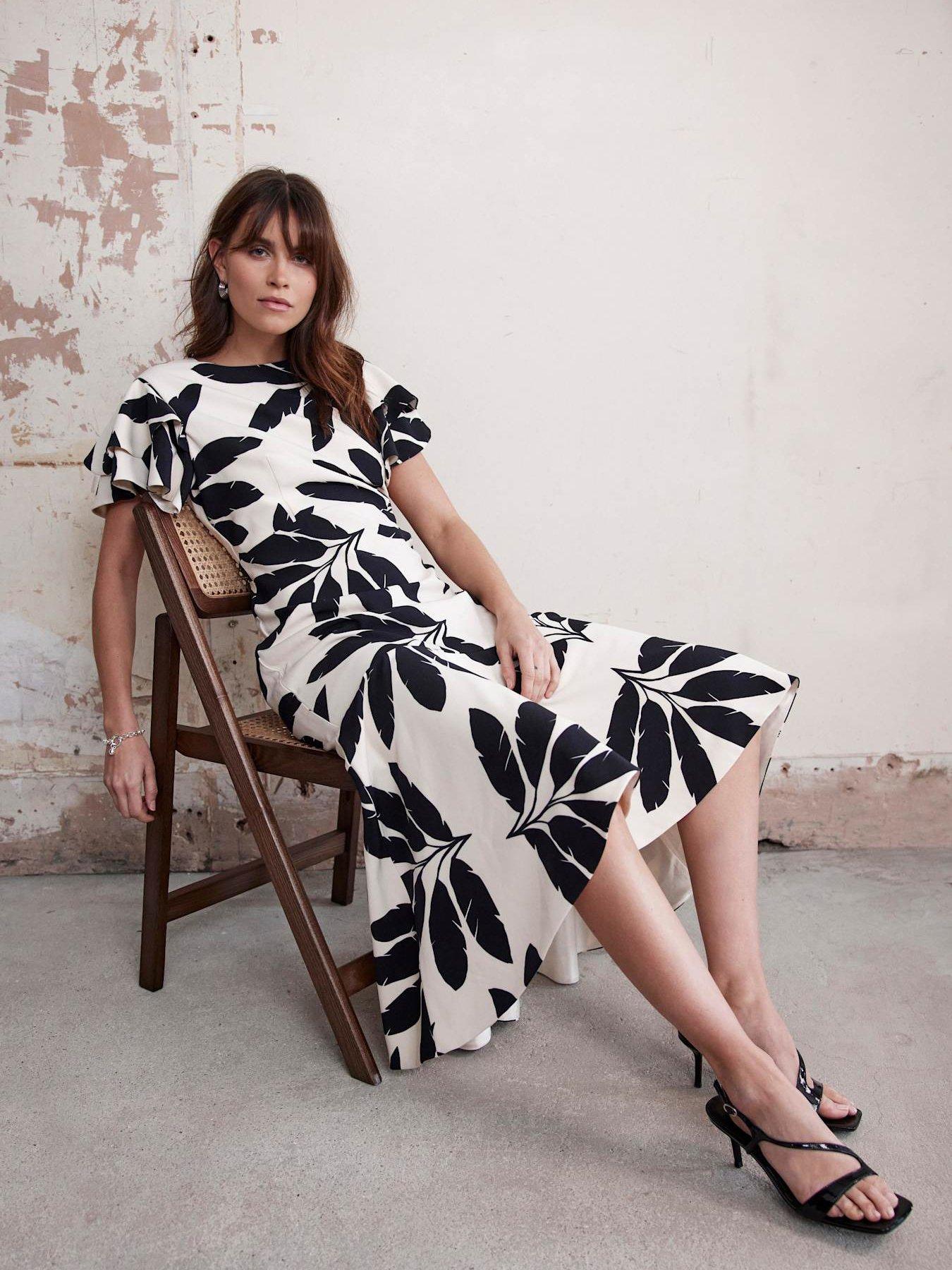  image of mint-velvet-neutral-palm-print-midi-dress-beige
