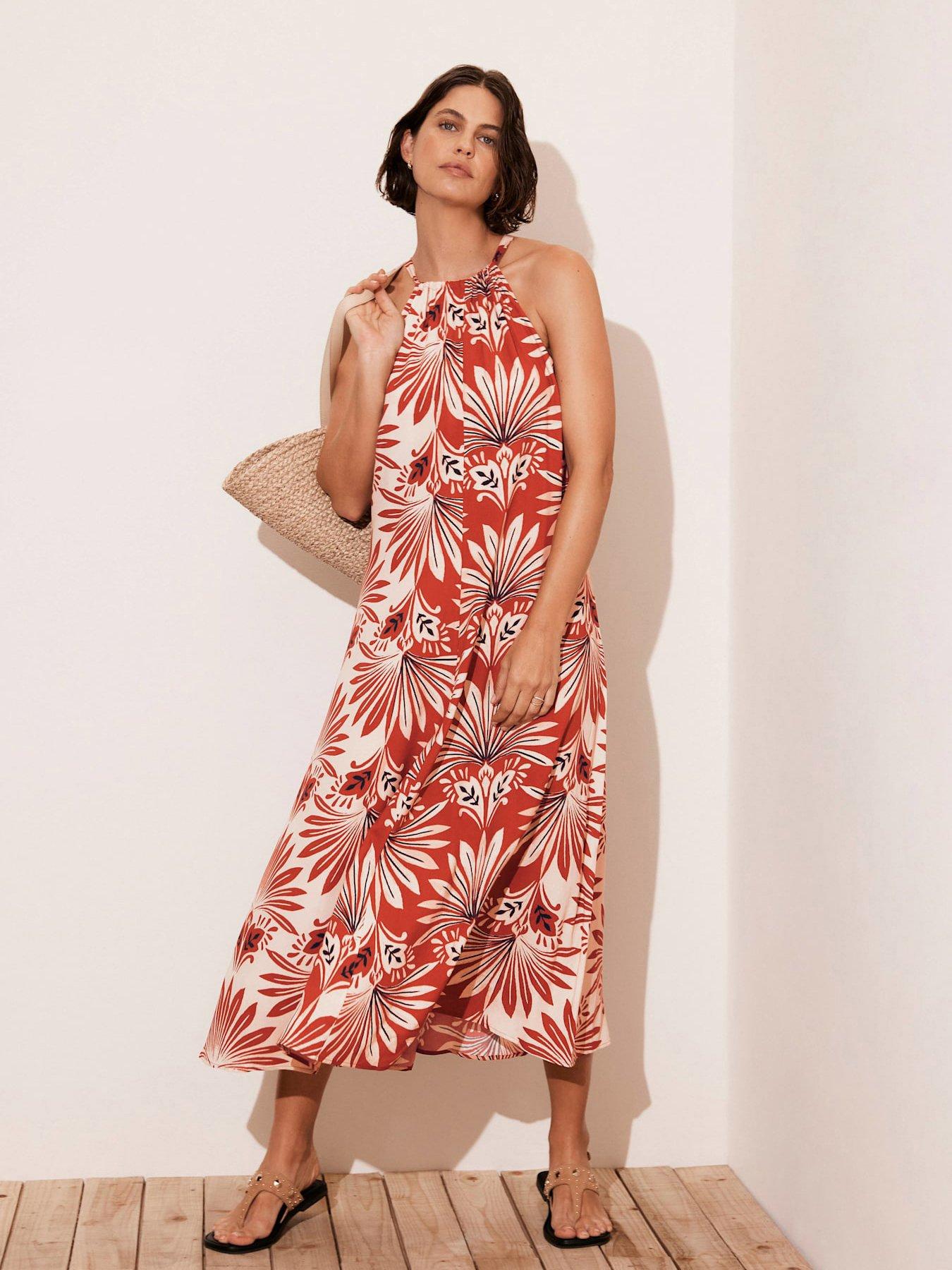 undefined Orange Floral Print Midi Dress - Red