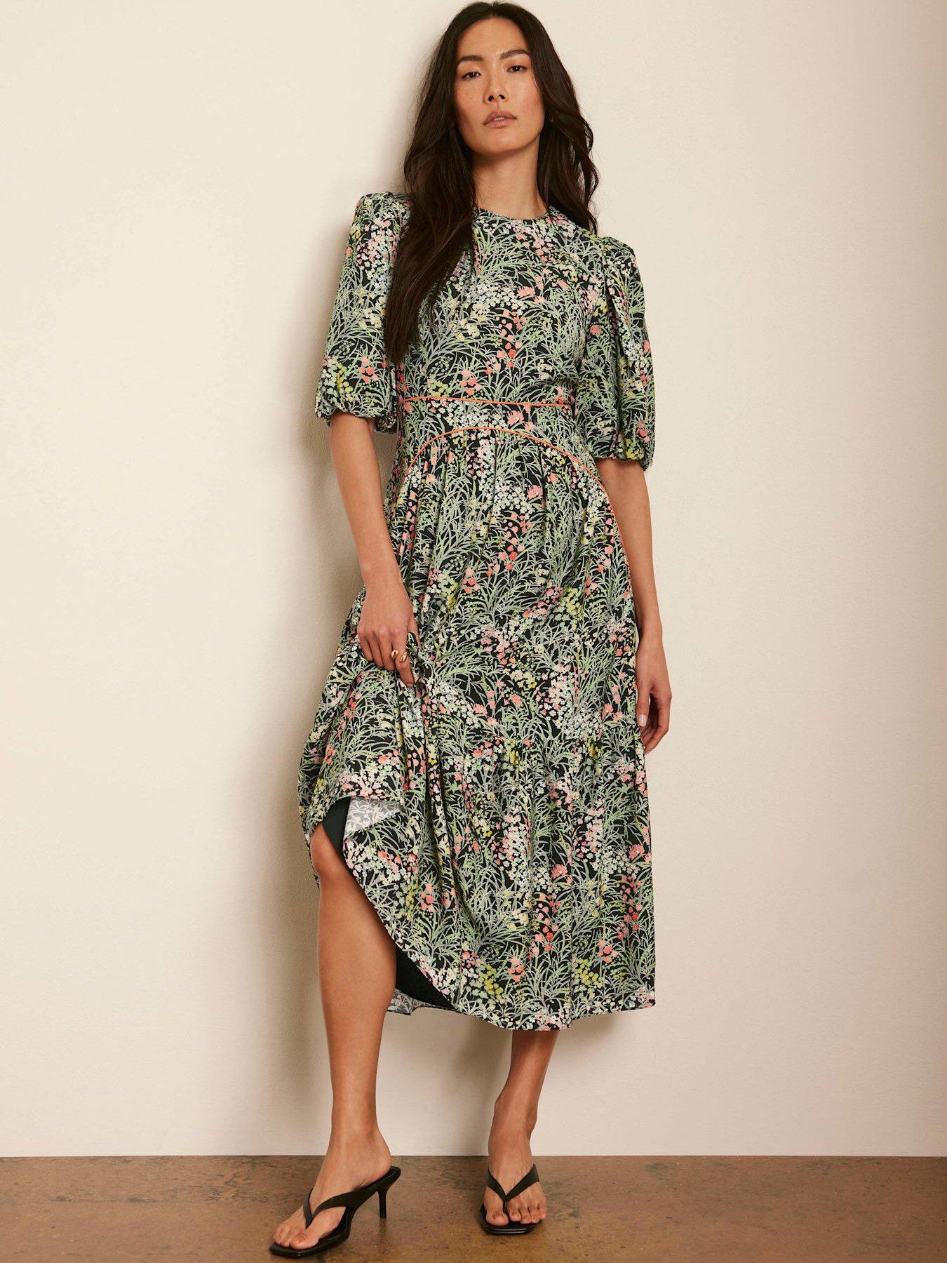  image of mint-velvet-green-floral-print-midi-dress-black